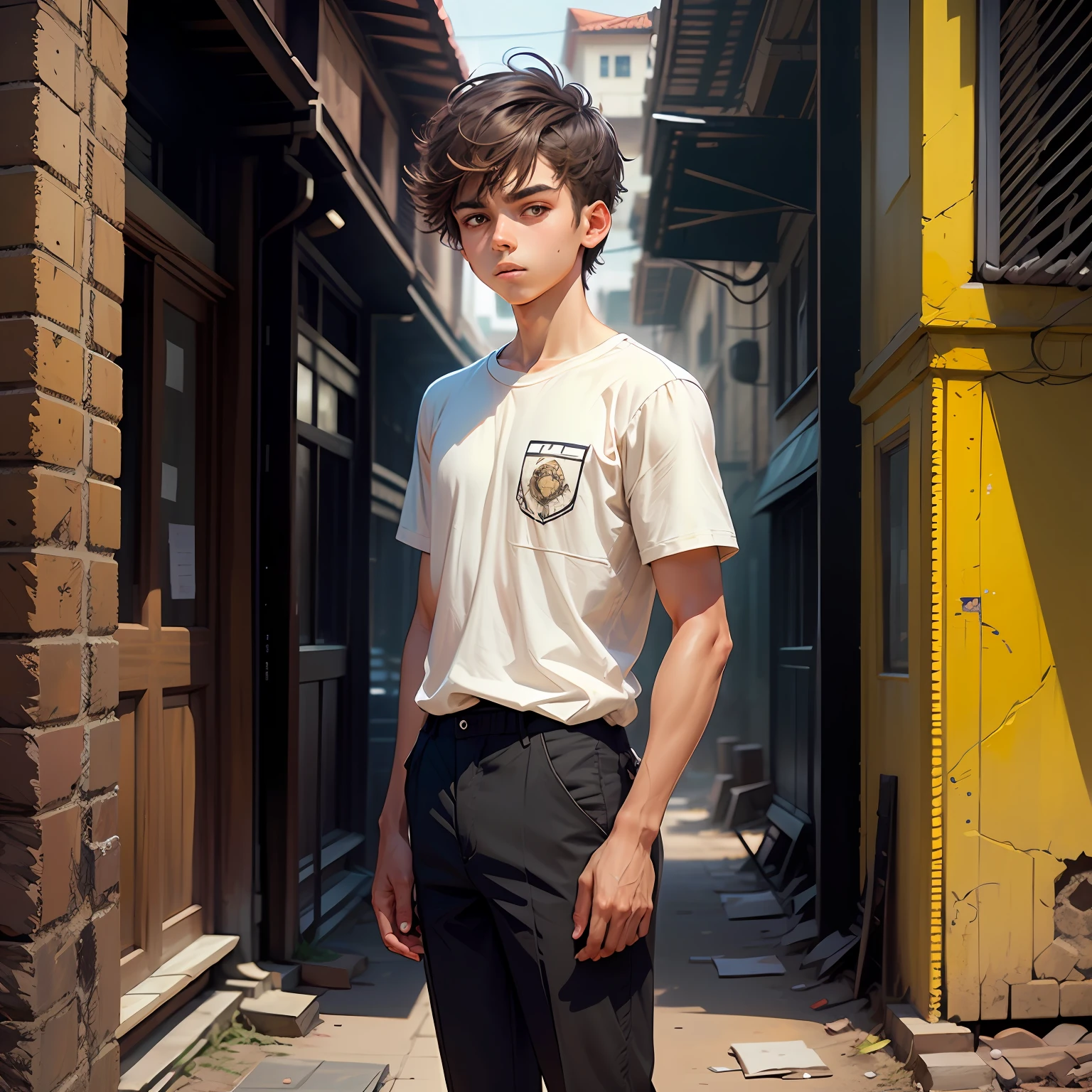 Skinny young boy standing in the middle of town, thick eyebrows, brown skin, Brazilian, brown hair with bangs, 2d character, comics style