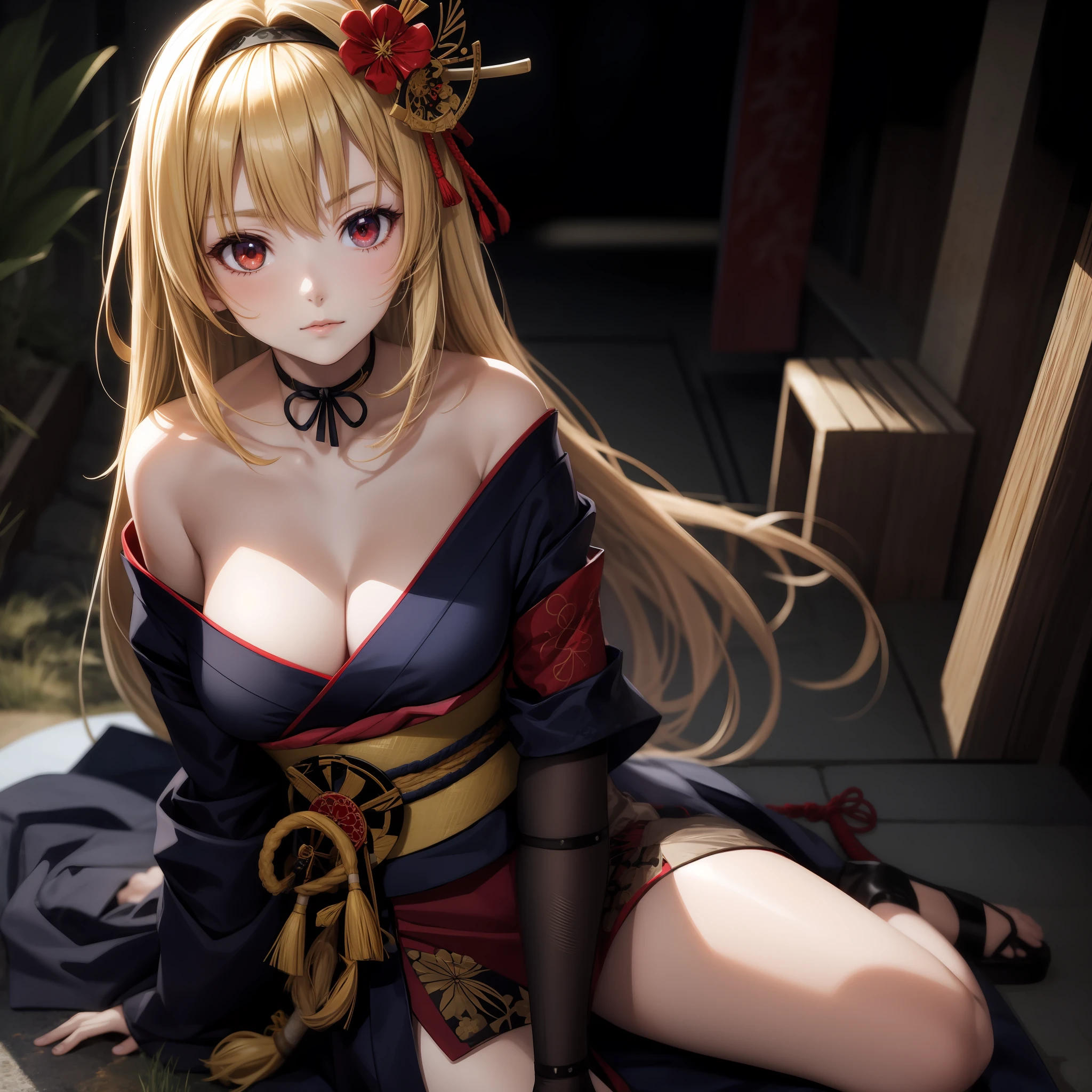 anime, girl, blonde girl with red eyes, samurai, off-shoulder, kyoto