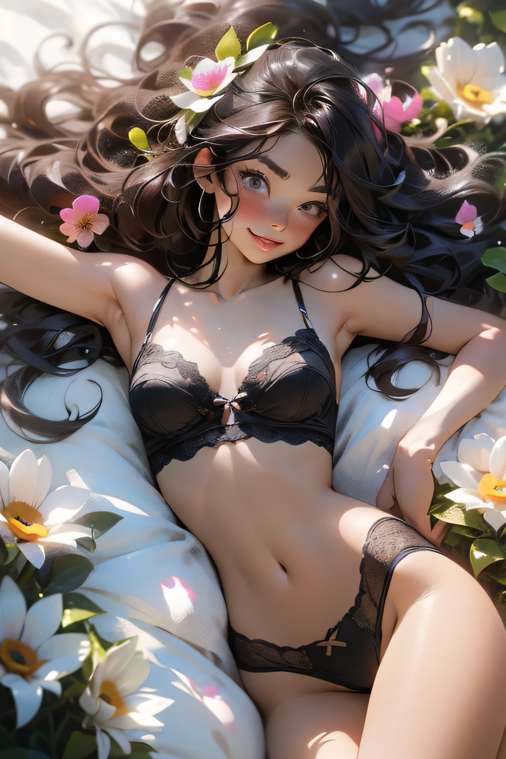 ,beautiful caucasian girl full body, slight mischievous smile, long black hair, cascading curly hair, illuminated face,, melancholy, quiet, calm, bright, masterpiece, best quality, 1girl, (JinxLol:1.2), (ultra photorealistic:1.3), (masterpiece:1.4), best quality, ((realistic)), high quality, ultra detailed, ((Real image)), ((realistic skin)), ((realistic face)),(illustration:1.05), (beautiful:1.05), (beautiful detailed eyes:1.05), (cinematic light:1.1), Full body, precise proportions, 18-year-old girl, skinny model lying next to the bed, BLACK hair fluttering in the wind, tulle, long legs, feet slightly open, buttocks, blush, shyness, collarbone, abdominals, double weave, beautiful and delicate face, fair skin, real skin, (face detail), pores, super high resolution, 8k, parameters Best quality, masterpiece, super high resolution, (Realistic 2.0), More details, detailed skin, transparent panties, wide smile, white teeth, full voluminous hair, perfect and well-designed eyes, girlfriend, beautiful, beautiful, flowers, studio lighting