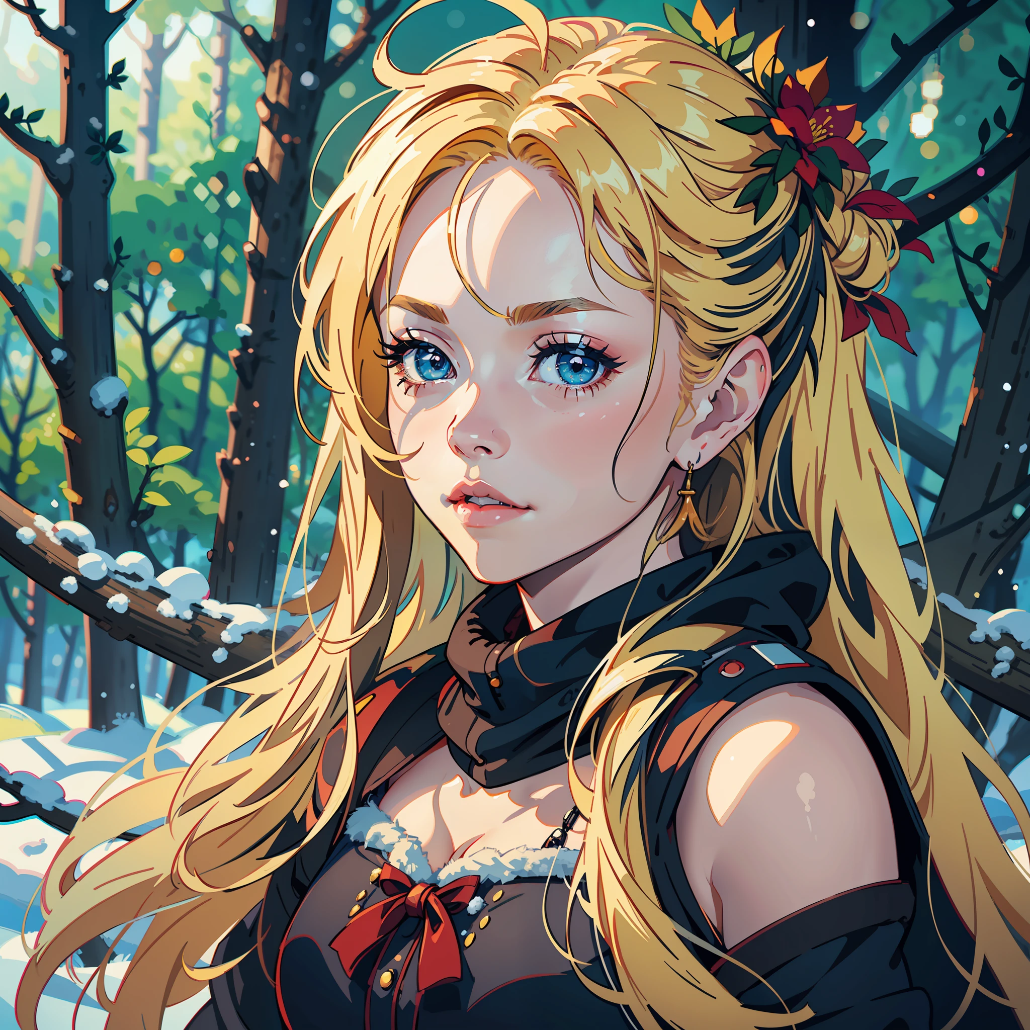 masterpiece, AVRIL LAVIGNE with long blonde hair and blue eyes, detailed digital anime art, artgerm on artstation pixiv, digital anime illustration, artgerm. Anime illustration, fantasy art style, best quality, high quality, extremely detailed CG unity 8k wallpaper, taiga, silence, towering conifers covered with forest floor, harsh cold climate, serene beauty, snow, winter, mild summer, breeze, needles, branches, bokeh, depth fields, HDR, flowering, chromatic aberration, photorealistic, extremely detailed, popular on artstation, popular in CGsociety, complex, high detail, dramatic,  Art halfway through