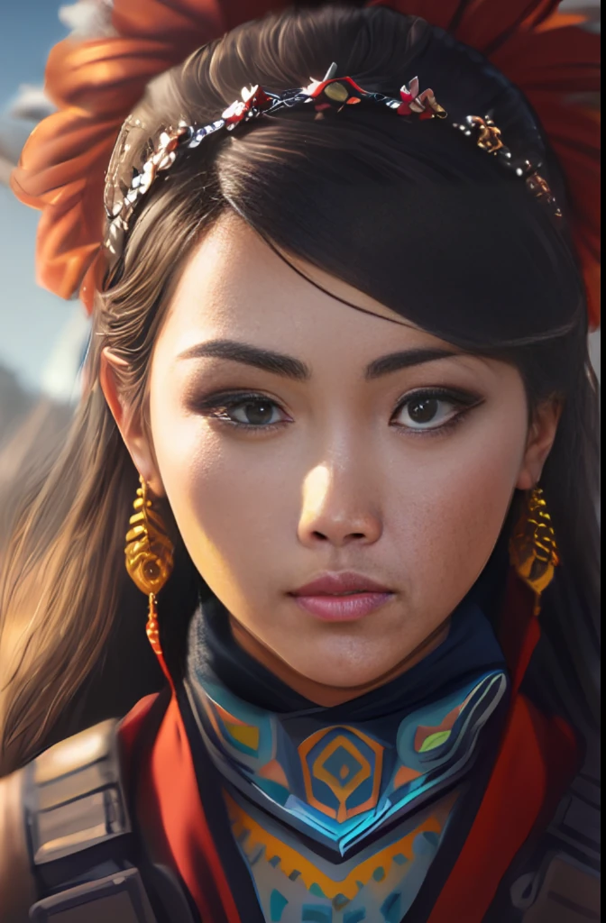 ultra realistic photography, perfectly centered medium upper shot of Aloy from horizon zero dawn, creatures from horizon zero dawn jungle cliffs in the background, looking at viewer, fashion pose, extremely detailed eyes, detailed symmetric realistic face, extremely detailed natural texture, detailed peach fuzz, messy hair, masterpiece, absurdres, award winning photo by lee jeffries, nikon d850 film stock photograph, kodak portra 400 camera f1.6 lens, depth of field, extremely detailed, amazing, fine detail, rich colors, hyper realistic lifelike texture, dramatic lighting, unrealengine, trending on artstation, cinestill 800 tungsten, photo realistic, RAW photo, TanvirTamim, high quality, highres, sharp focus, extremely detailed, cinematic lighting, 8k uhd, high definition, cinematic, neoprene, behance contest winner, featured on unsplash, cgsociety, unreal engine 5, ultra sharp focus
