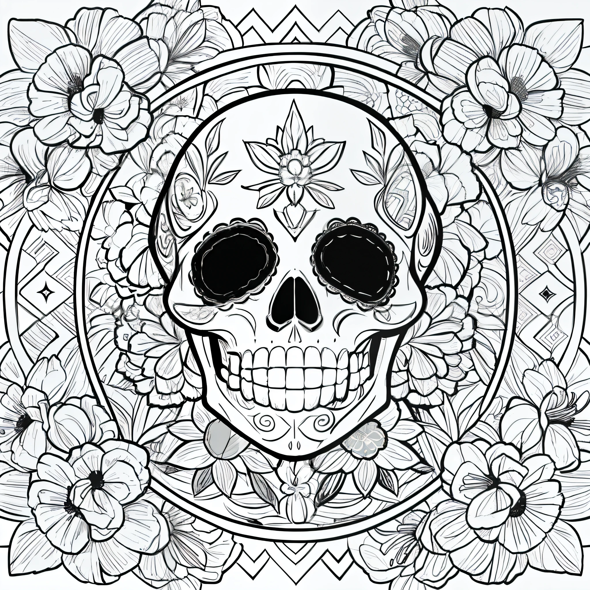Masterpiece, best quality, (detailed background), high contrast, decorated sugar skull, flower background, thick and clean line drawings, vector