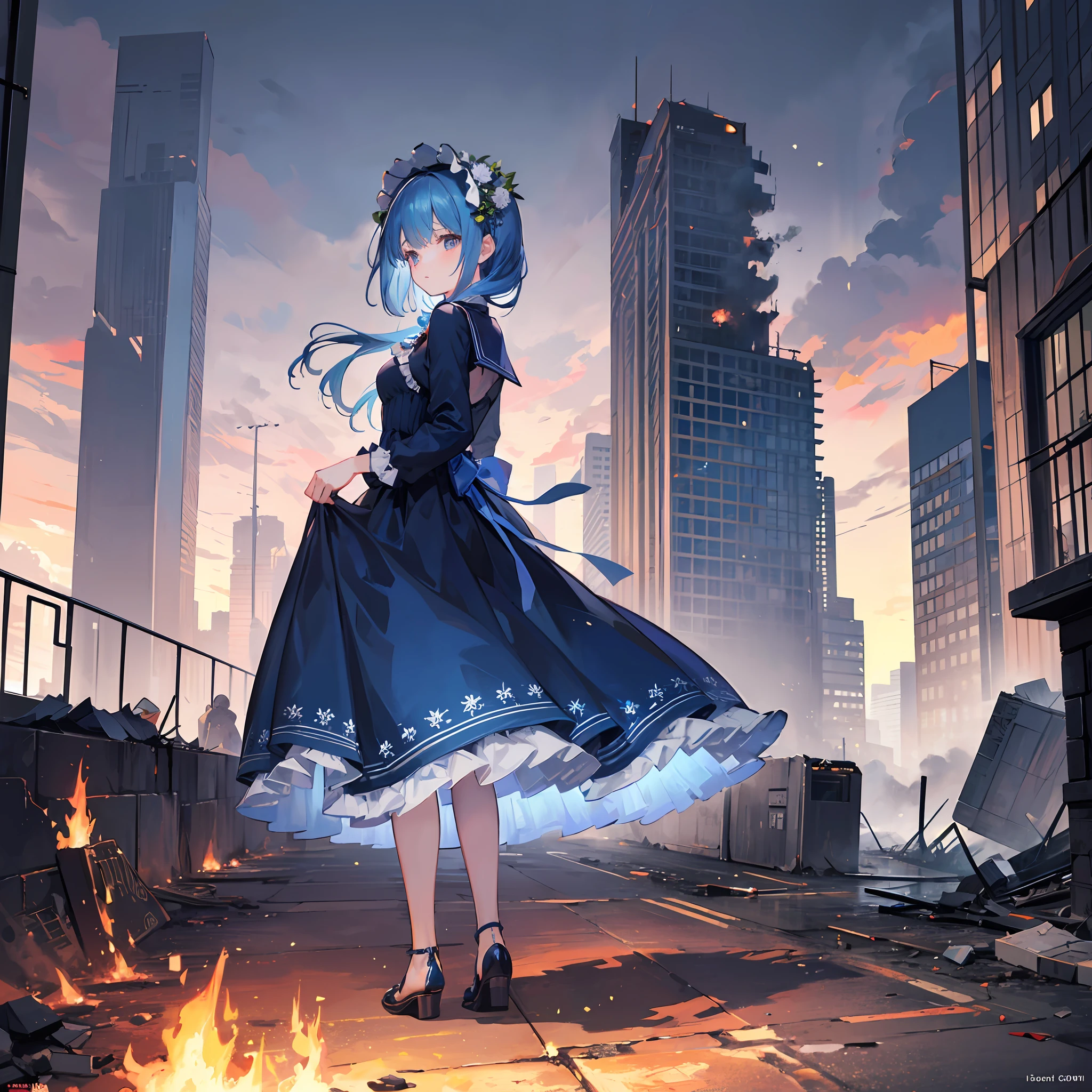 Masterpiece, best quality, (very detailed CG Unity 8k wallpaper) (best quality), (best illustration), (best shadow) (full body picture), blue hair little li, gorgeous navy blue lolita dress, blue ponet with blue chrysanthemum headdress, blue silk thread surrounding, war in flames, broken buildings, monsters in the distance