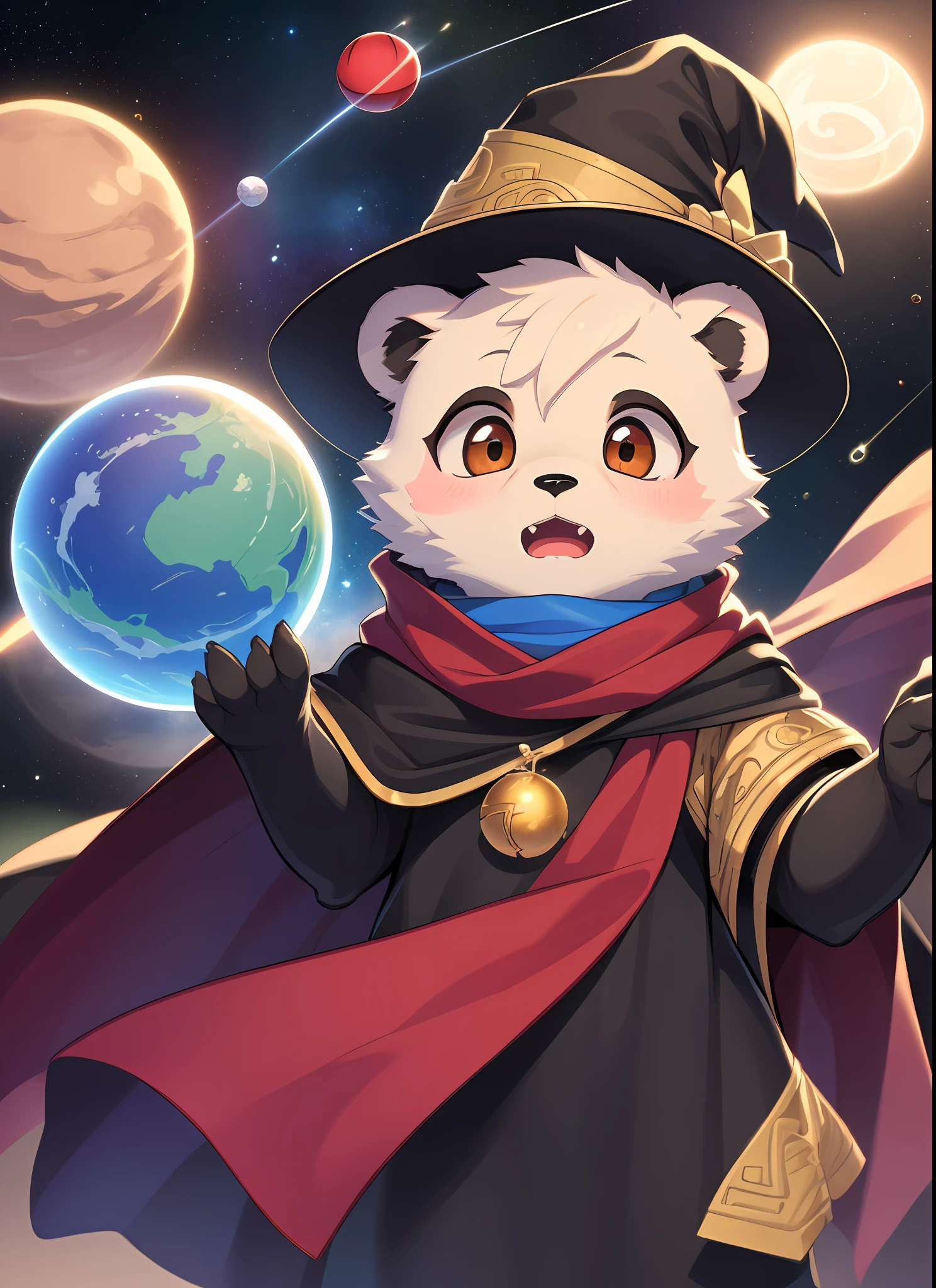 Masterpiece, high quality portrait, 3D realistic CG, dramatic lighting, intricate details, sharp focus, 16k, humanoid, furry, panda, (cub), (beard), alone boy, wizard hat, cape, scarf, (surprised), (magic wind ball: 1.4), (reach out), (outer space planet), (shot by Kekitopu), full shot