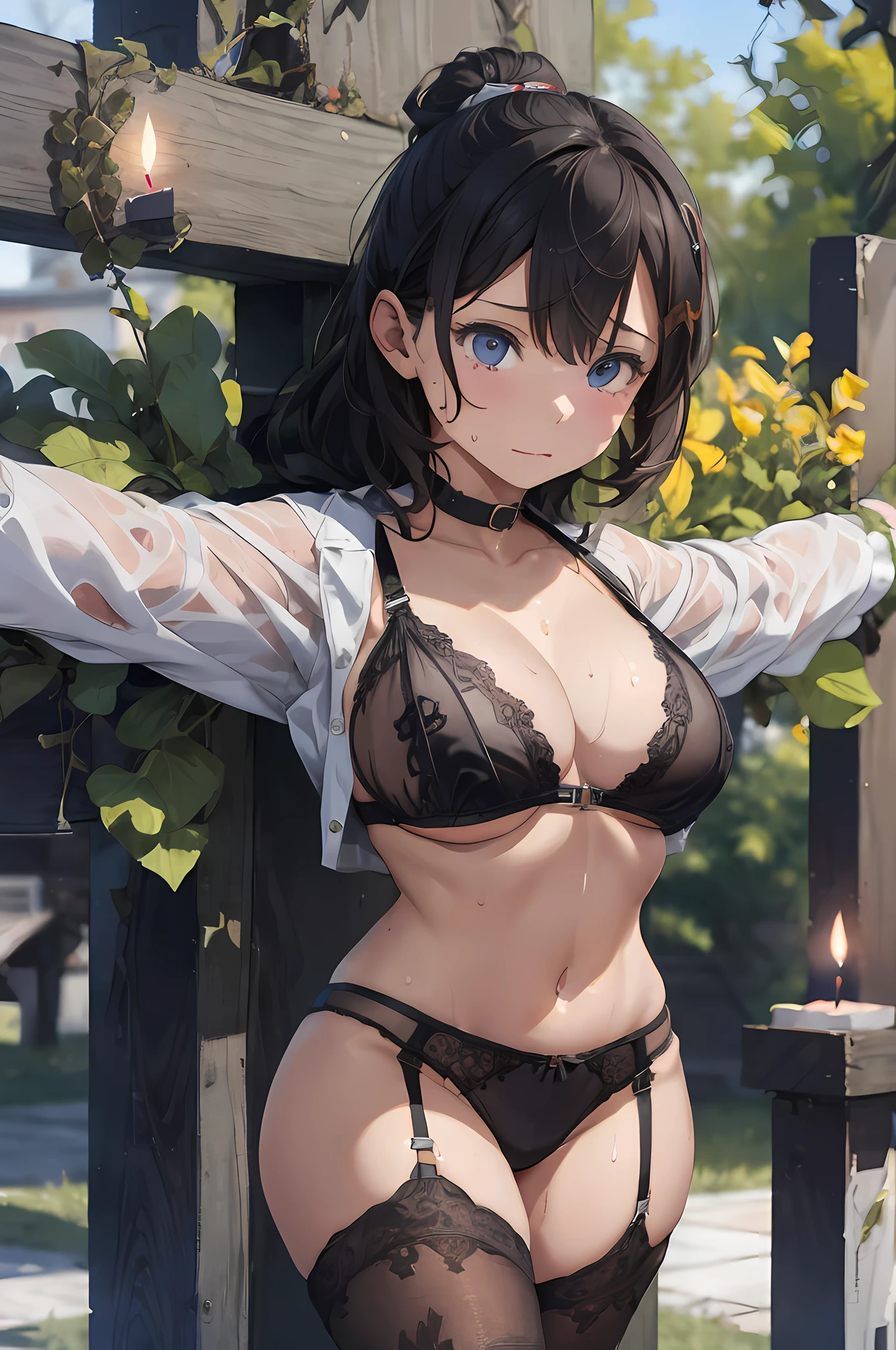 Realistic, Masterpiece, Top Quality, (Detailed Eyes), One High School Girl, ,  Full Body, Huge breast, See-through Sexy Lingerie, Feel, Sweat,   pelvis curtain, (wide hips), tear-stained face, basement, candles, crucifixion, Leg spread, Hung up by a string.