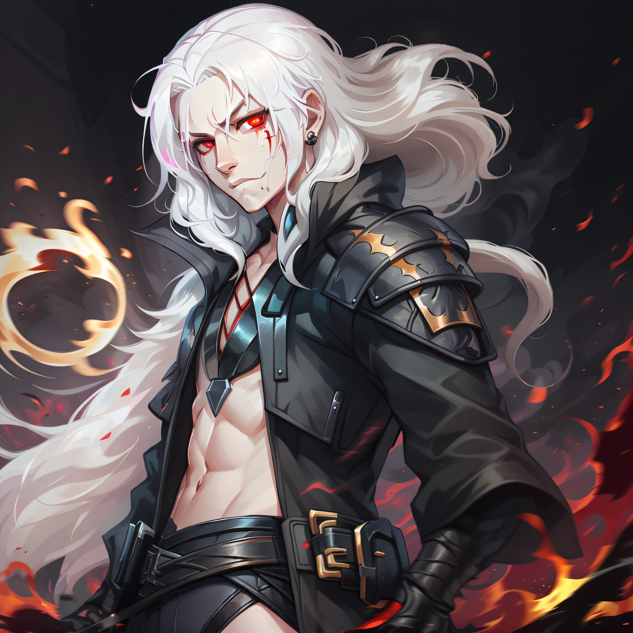 Anime character white hair, red eyes, black fireball in hand, digital art, white hair, crimson red eyes, Fire around, standing, neutral background, arcane art style, long hair, male character, black clothing, black fire, katana on the back, brave look, battle wounds