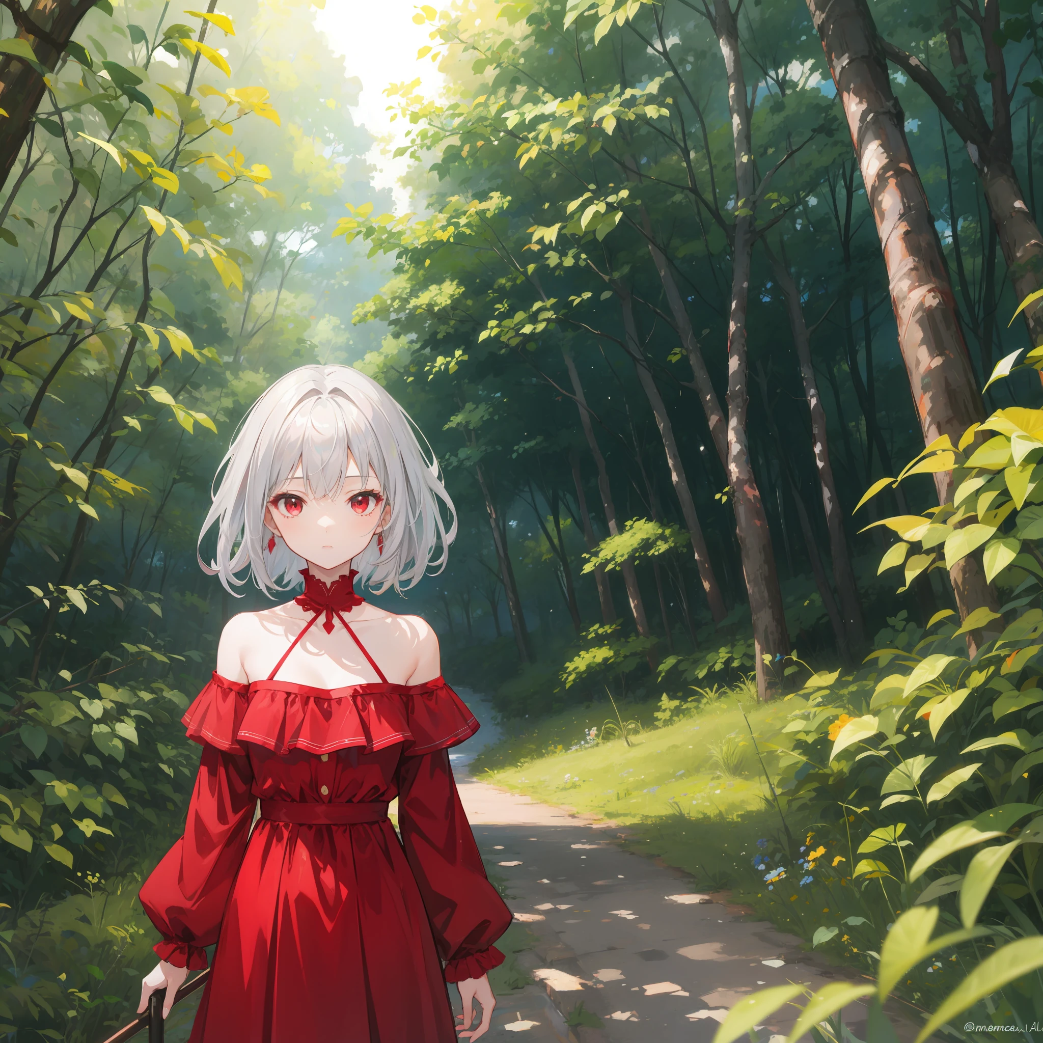 anime, girl with gray hair and red eyes, red dress, off-the-shoulder, in the forest