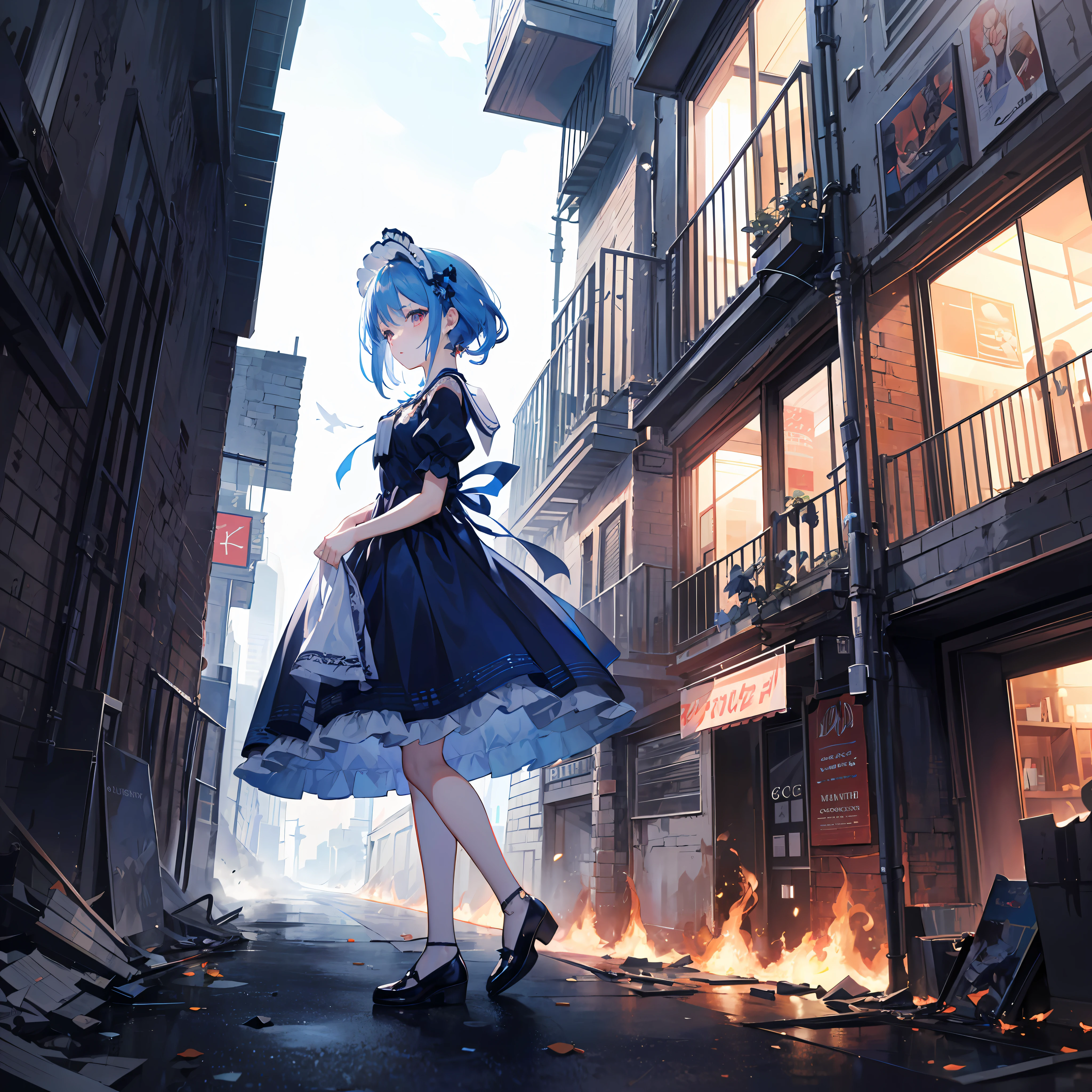 Masterpiece, best quality, (very detailed CG Unity 8k wallpaper) (best quality), (best illustration), (best shadow) (full body picture), blue hair little loli, gorgeous navy blue lolita dress, blue ponet with blue chrysanthemum headdress, blue silk thread surrounding, war in flames, broken buildings, monsters in the distance