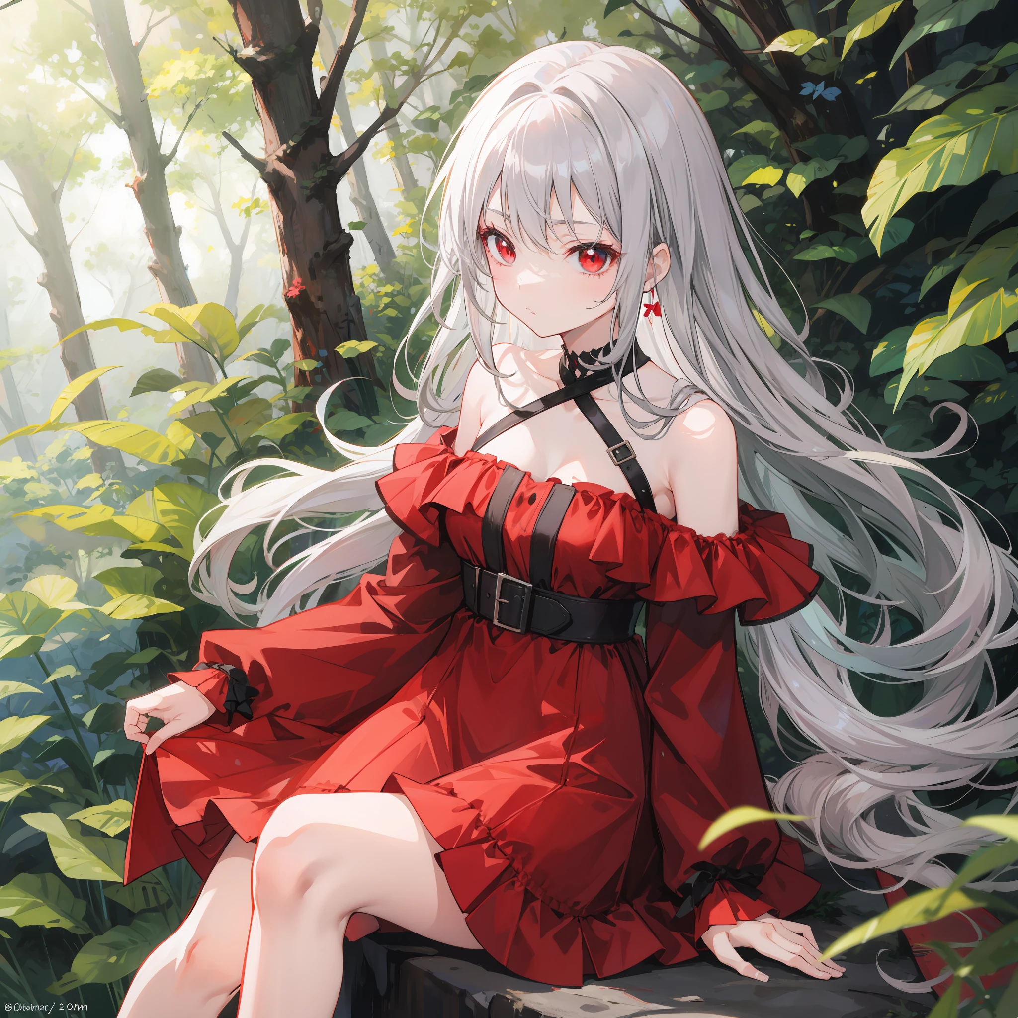 anime, girl with gray hair and red eyes, red dress, off-the-shoulder, in the forest