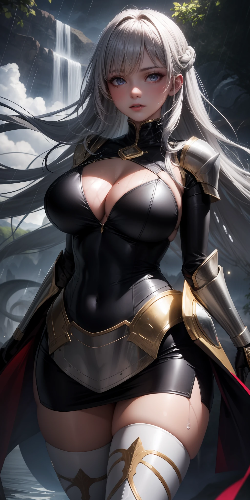 Very detailed CG, beautiful eyes, tight dress, tight lace-trimmed stockings, girl on snake back, 1 girl, red pupils, red face, wet body, translucent white liquid on the body, plump and symmetrical breasts, raised buttocks, bright silver armor, white tight long skirt, long leather boots, long black hair, various hairstyles, handheld chains, black python, interbody entanglement, winding effect, chest close-up, buttocks close-up, water drop effect, liquid effect, jungle, sky, mountains, clouds, Lightning effects, wind and rain effects, dynamic angles, ethereal, 8k wallpapers, masterpieces, best quality, super detailed, best lighting, best shadows