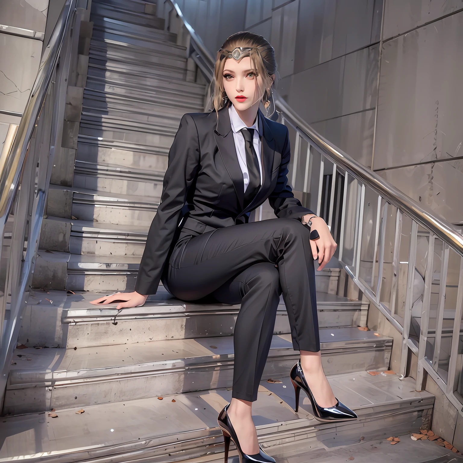 Casual pose, black stockings, shirt, women's suit, OL, black silk, black high heels, workplace high heels, black trousers, short hair, workplace trousers, office, secretary, black suit, women's suit, women's suit, white collar, pocket, black silk