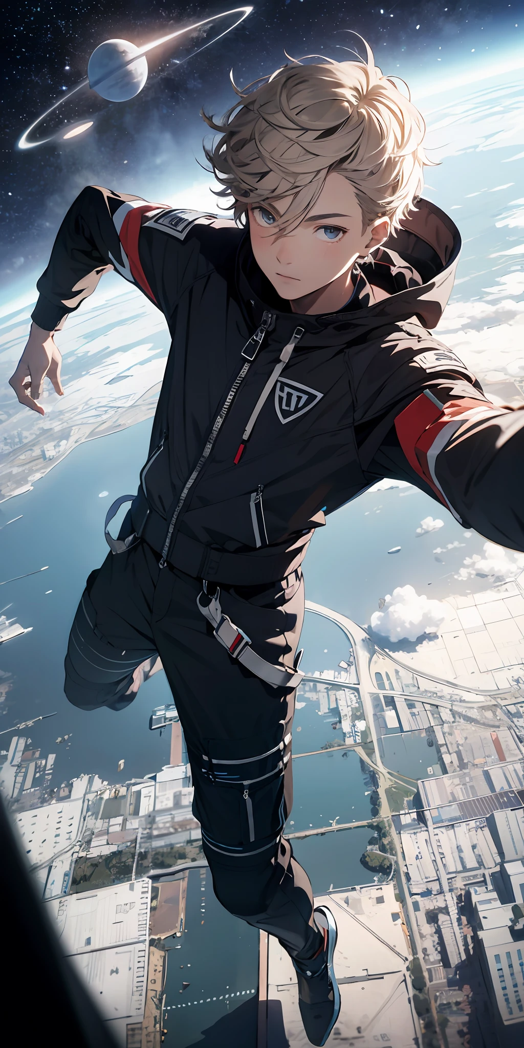 ridiculous resolution, high resolution, (masterpiece:1.4), super detailed, 1boy, seen from above, space, floating, --v 6