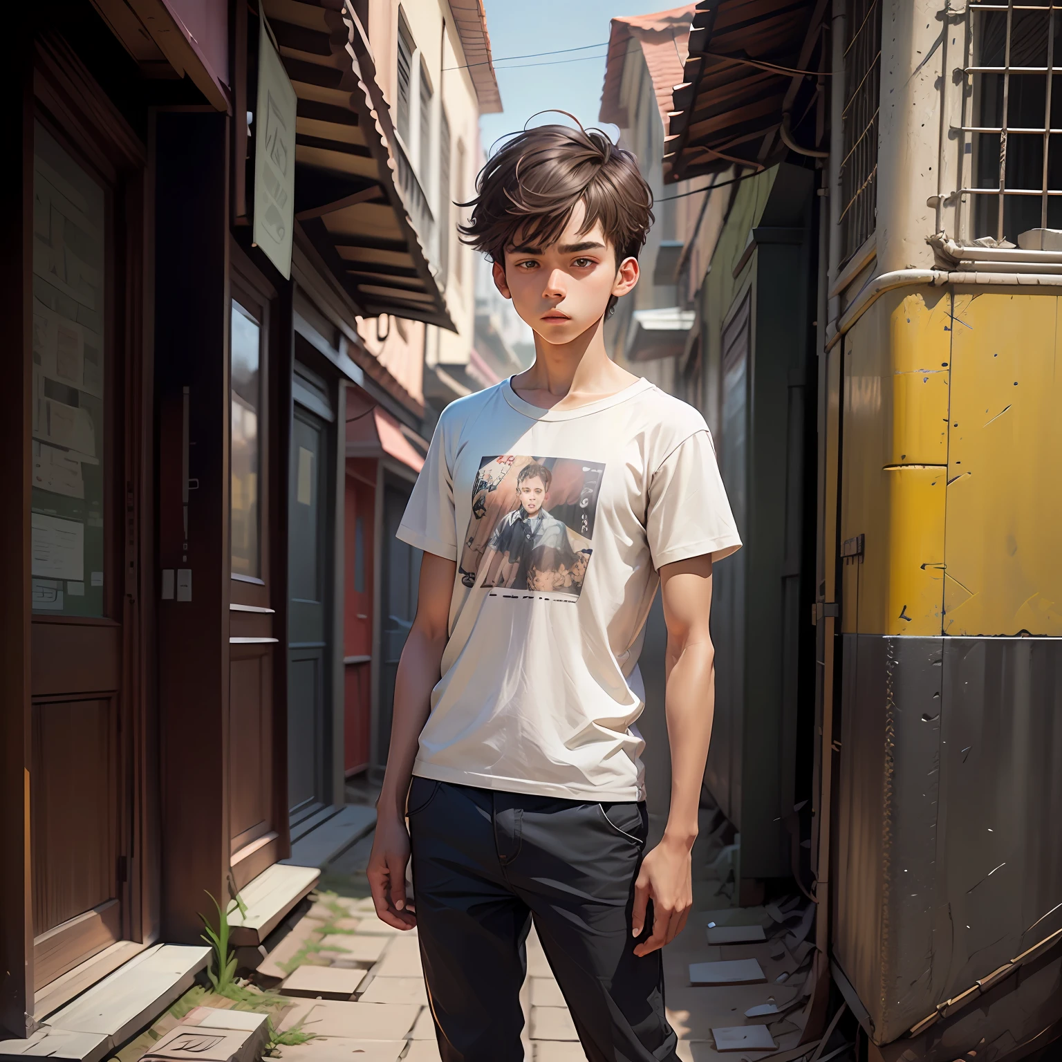Skinny young boy standing in the middle of town, thick eyebrows, brown skin, Brazilian, brown hair with bangs, 2d character, comics style