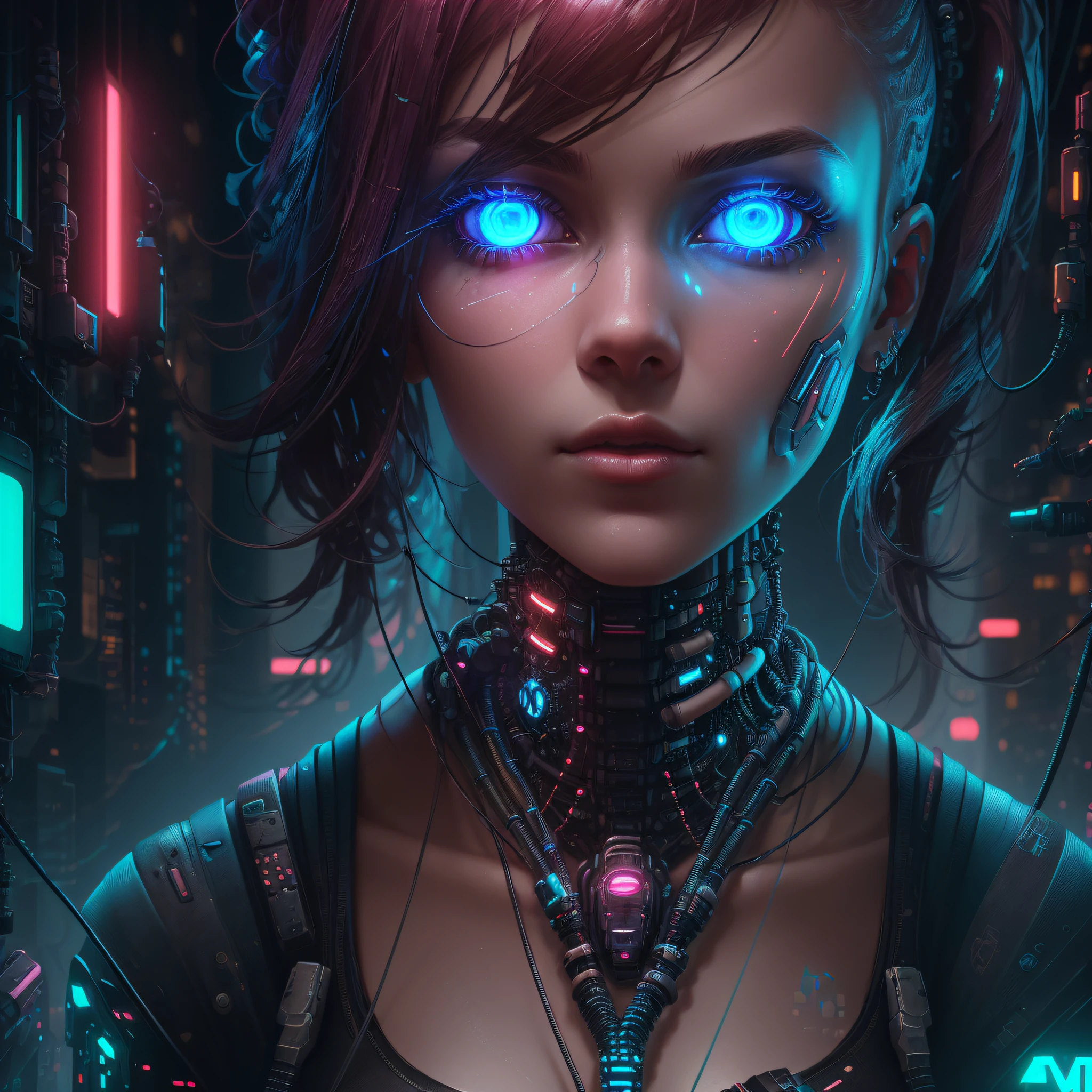 "(((A cyberpunk image of a pretty girl with cybernetic implants, with shades of wine and  blue, highly detailed, realistic and cinematic. The image should depict reflections in the character's eyes and luminous parts in the cybernetic parts of the body. Cables should also be visible coming out of the body)))"

- Image Type: Digital Illustration
- Subject Description: A cyberpunk-style digital illustration depicting a pretty girl with cybernetic implants. The image is highly detailed, realistic and has a cinematic atmosphere. The predominant shades are wine and baby blue. The illustration should emphasize reflections in the character's eyes and luminous parts in the cybernetic areas of the body. The presence of cables coming out of the body should also be visible.
- Art Styles: Cyberpunk, Realism, Film
- Dominant Colors: Wine, Baby Blue
- Subject Details: Girl with cybernetic implants, reflections in her eyes, luminous parts on her body, cables sticking out of her body
- Rendering Techniques: Detailed Digital Illustration --auto