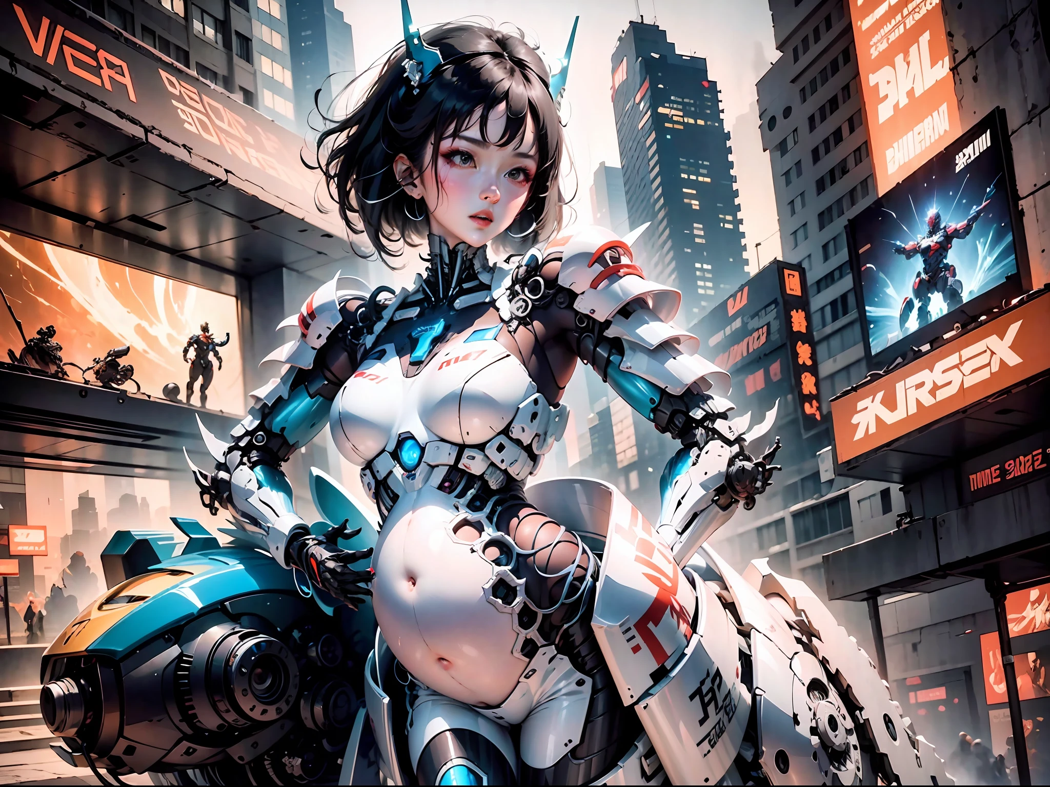 (Very detailed: 1.5) Futuristic mech girl on neon flashing sci-fi magazine cover, (Cyberpunk: 1.3) style, dressed in stylish combat suit with glowing accents, confidently posing as a giant robot in the background, (bold typography: 1.2), dynamic composition, bright colors, (Akira style: 1.1), (Hajime Sorayama inspiration: 1.2) pregnant, pregnant belly