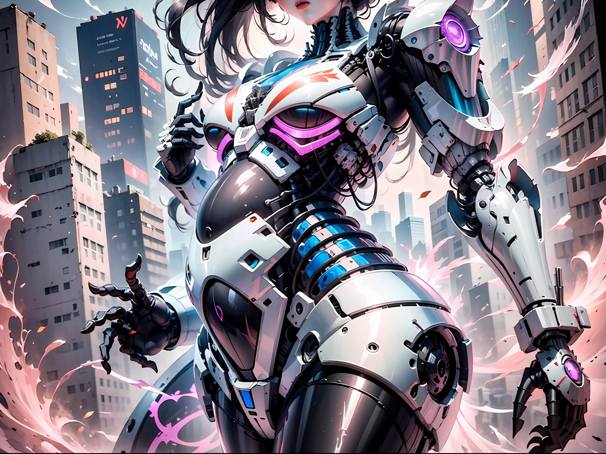 (Very detailed: 1.5) Futuristic mech girl on neon flashing sci-fi magazine cover, (Cyberpunk: 1.3) style, dressed in stylish combat suit with glowing accents, confidently posing as a giant robot in the background, (bold typography: 1.2), dynamic composition, bright colors, (Akira style: 1.1), (Hajime Sorayama inspiration: 1.2) pregnant, pregnant belly