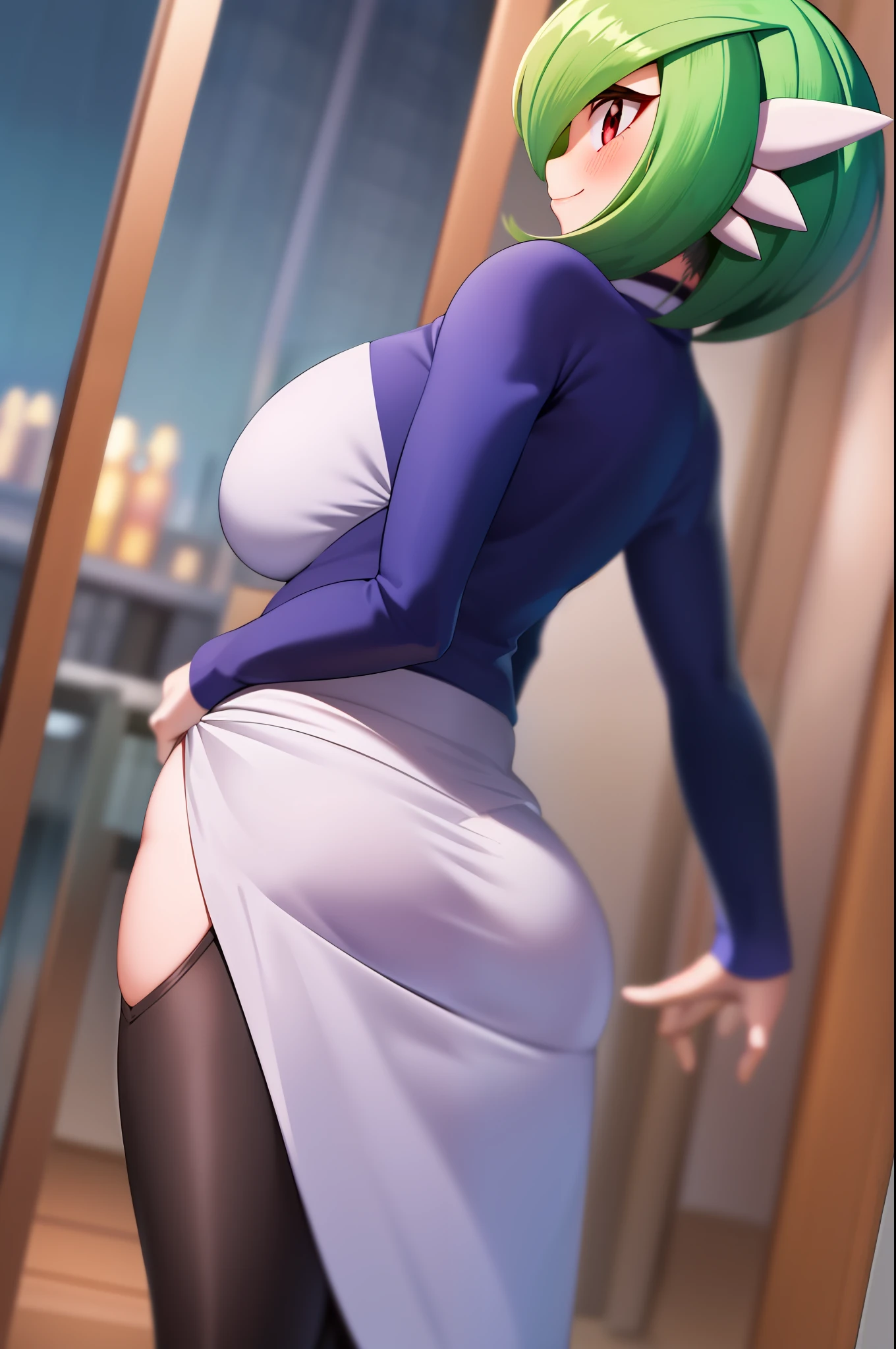 masterpiece, best_quality, 1girl, solo, gardevoir, pokemon\(creature\), green hair, red eyes, blue jacket, black blouse, wide neckline blouse, smile, hands on hips, tight pants, black pants, back, pregnant, medium breasts, female breasts, at the door of a restaurant. Night, it's night, night stage, showing off butt, blush.
