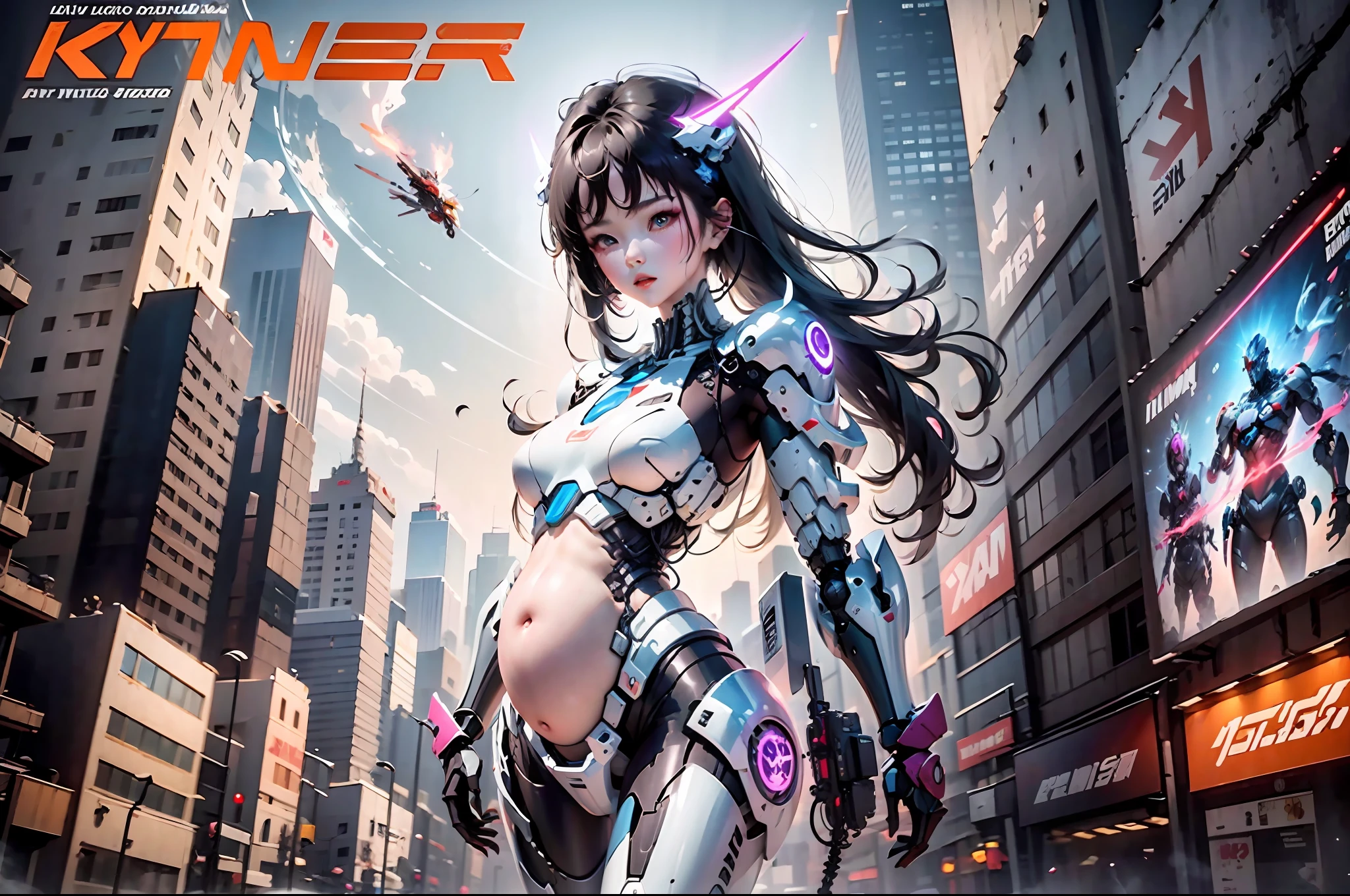 (Very detailed: 1.5) Futuristic mech girl on neon flashing sci-fi magazine cover, (Cyberpunk: 1.3) style, dressed in stylish combat suit with glowing accents, confidently posing as a giant robot in the background, (bold typography: 1.2), dynamic composition, bright colors, (Akira style: 1.1), (Hajime Sorayama inspiration: 1.2) pregnant, pregnant belly