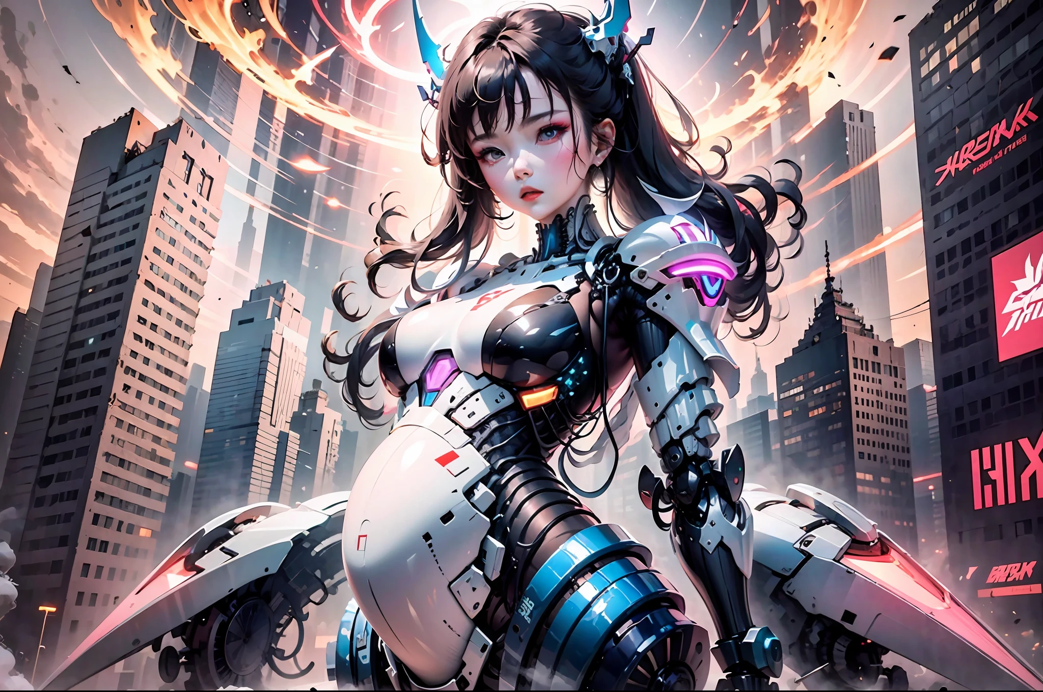 (Very detailed: 1.5) Futuristic mech girl on neon flashing sci-fi magazine cover, (Cyberpunk: 1.3) style, dressed in stylish combat suit with glowing accents, confidently posing as a giant robot in the background, (bold typography: 1.2), dynamic composition, bright colors, (Akira style: 1.1), (Hajime Sorayama inspiration: 1.2) pregnant, pregnant belly