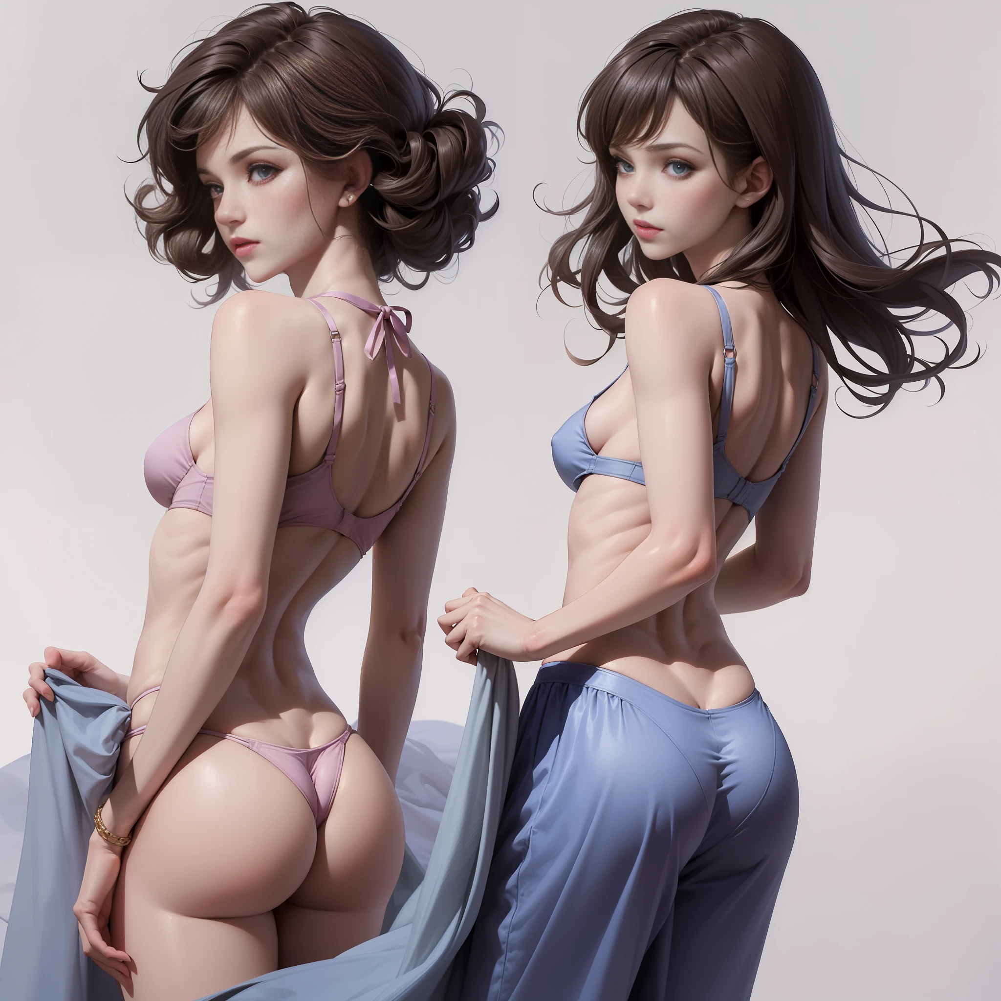 ((A very beautiful woman posing for photos and wearing a silk microrope, a silk rope thong, surrounded by a colored mist)), ((wearing an open silk shirt: 1.5)), (((Small breasts:1.4, and firm breasts:1.5))), 8k, RAW photo, ((full body photo)), (highly detailed skin: 1.2), (exposed: 1.5), (exposed breasts:1.5), (exposed back:1.5), (exposed shoulders:1.1), (exposed crotch:1.5), photography, masterpiece, best quality, dark gray background, (a beautiful white girl with beautiful blue eyes, beautiful curly hair, white skin, soft breasts and beautiful abs, two, two areolas), various poses, ultra-detailed face, detailed eyes, ((no close-up)), ((she has one in her crotch and ass)), ((shows her ass))