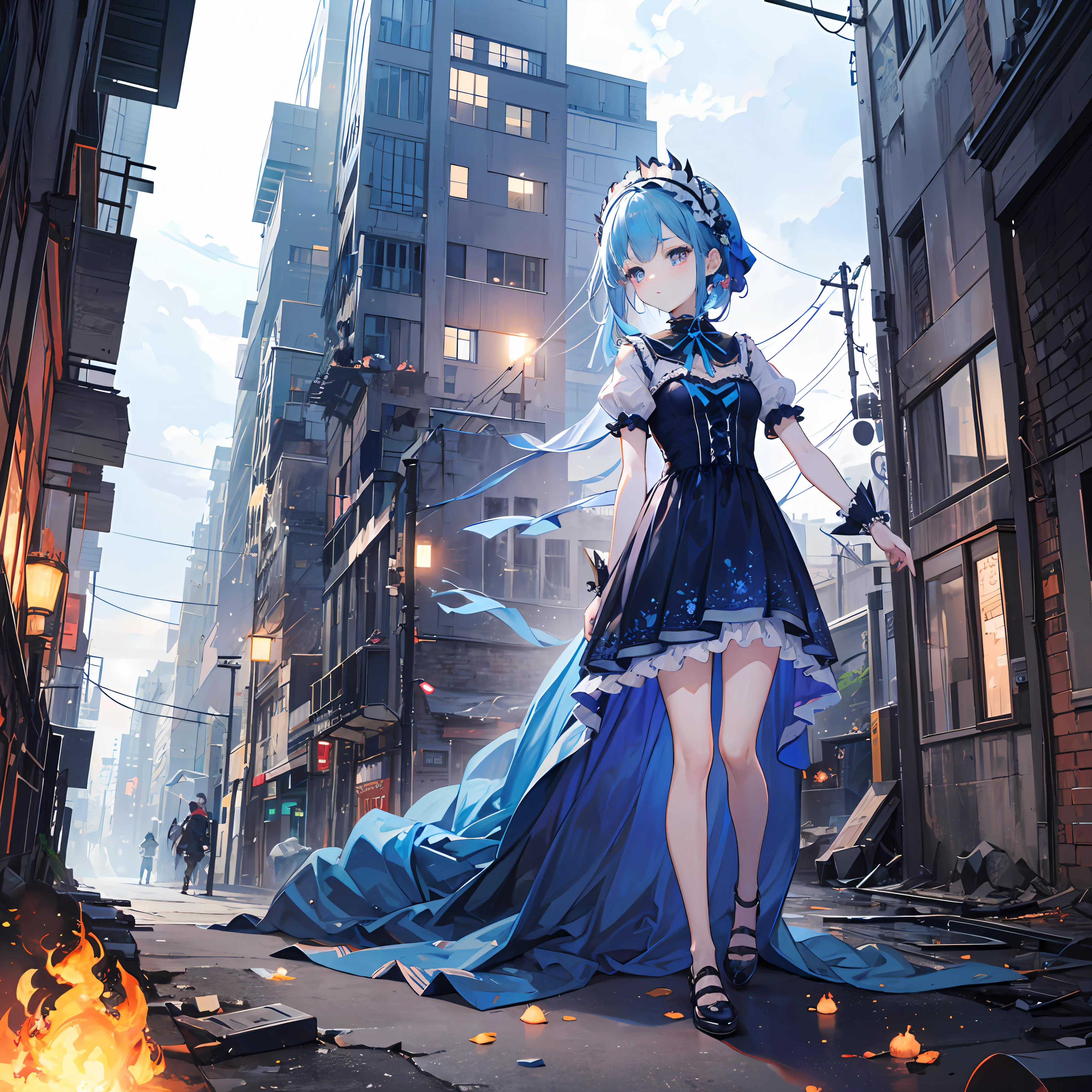 Masterpiece, best quality, (very detailed CG Unity 8k wallpaper) (best quality), (best illustration), (best shadow) (full body picture), blue hair little , gorgeous navy blue loliress, blue ponet with blue chrysanthemum headdress, blue silk thread surrounding, war in flames, broken buildings, monsters in the distance