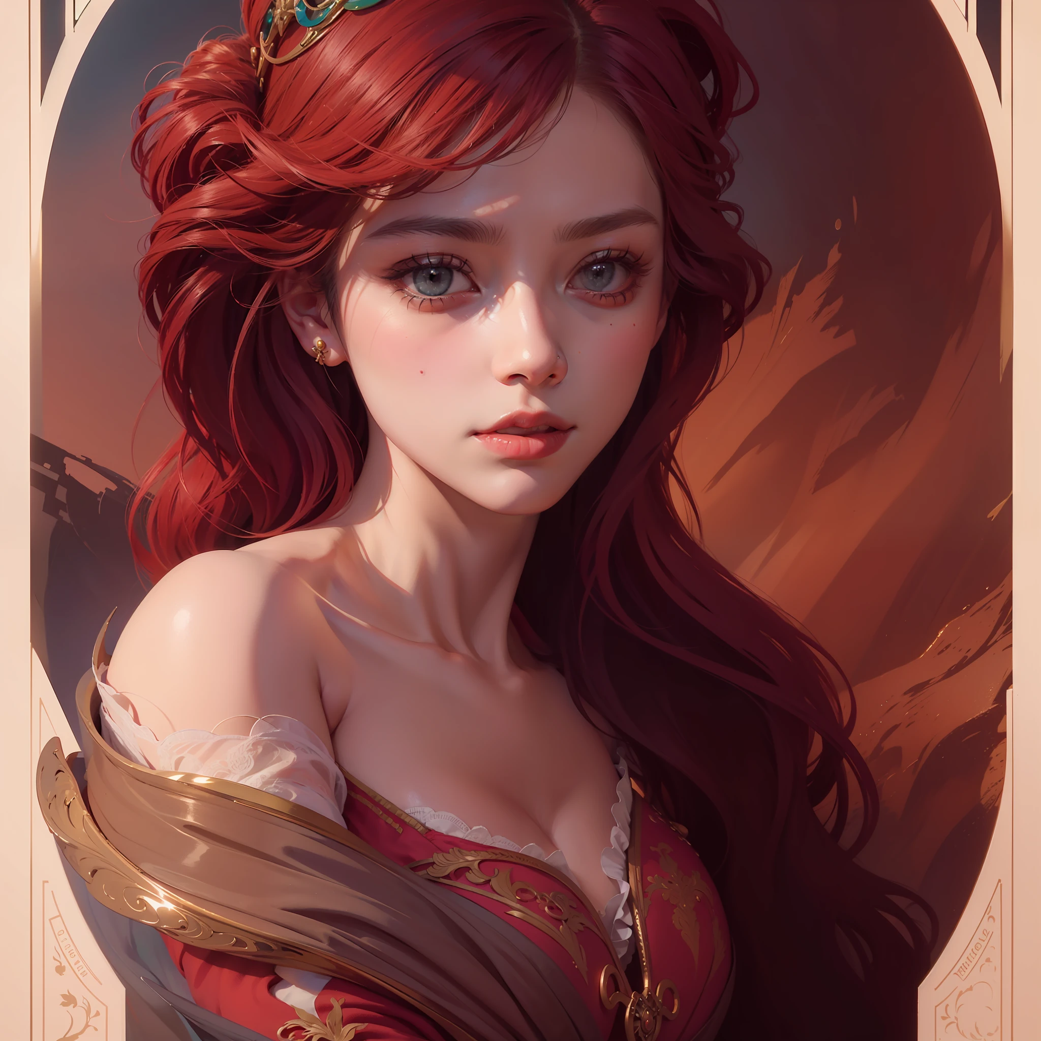 Portrait of disney ariel, intricate, elegant, highly detailed, my rendition, digital painting, artstation, concept art, smooth, sharp focus, illustration, art by artgerm and greg rutkowski and alphonse mucha and uang guangjian and gil elvgren and sachin teng, symmetry!!