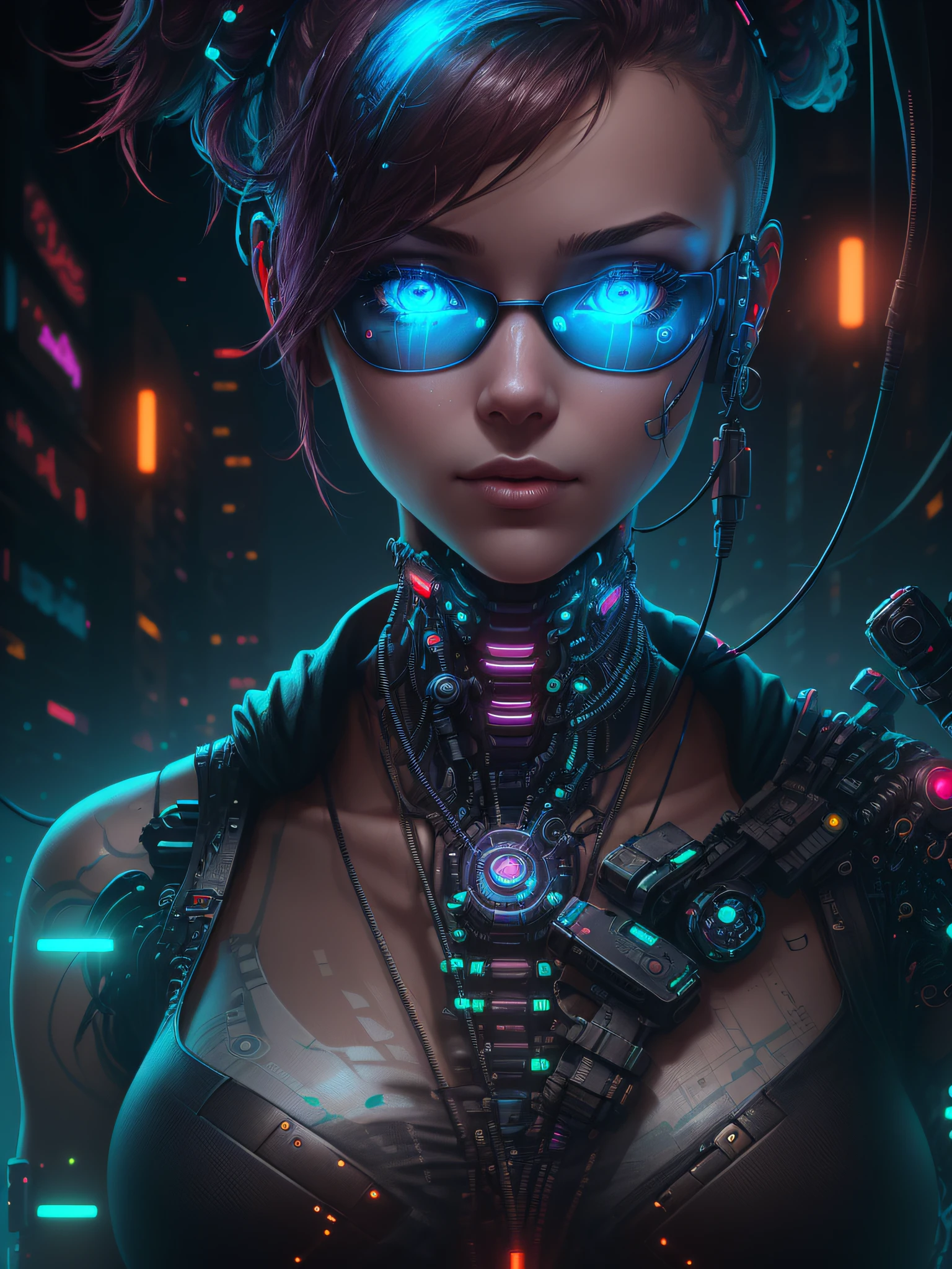 "(((A cyberpunk image of a pretty girl with cybernetic implants, with shades of wine and baby blue, highly detailed, realistic and cinematic. The image should depict reflections in the character's eyes and luminous parts in the cybernetic parts of the body. Cables should also be visible coming out of the body)))"
- Image Type: Digital Illustration
- Subject Description: A cyberpunk-style digital illustration depicting a pretty girl with cybernetic implants. The image is highly detailed, realistic and has a cinematic atmosphere. The predominant shades are wine and baby blue. The illustration should emphasize reflections in the character's eyes and luminous parts in the cybernetic areas of the body. The presence of cables coming out of the body should also be visible.
- Art Styles: Cyberpunk, Realism, Film
- Dominant Colors: Wine, Baby Blue
- Subject Details: Girl with cybernetic implants, reflections in her eyes, luminous parts on her body, cables sticking out of her body
- Rendering Techniques: Detailed Digital Illustration