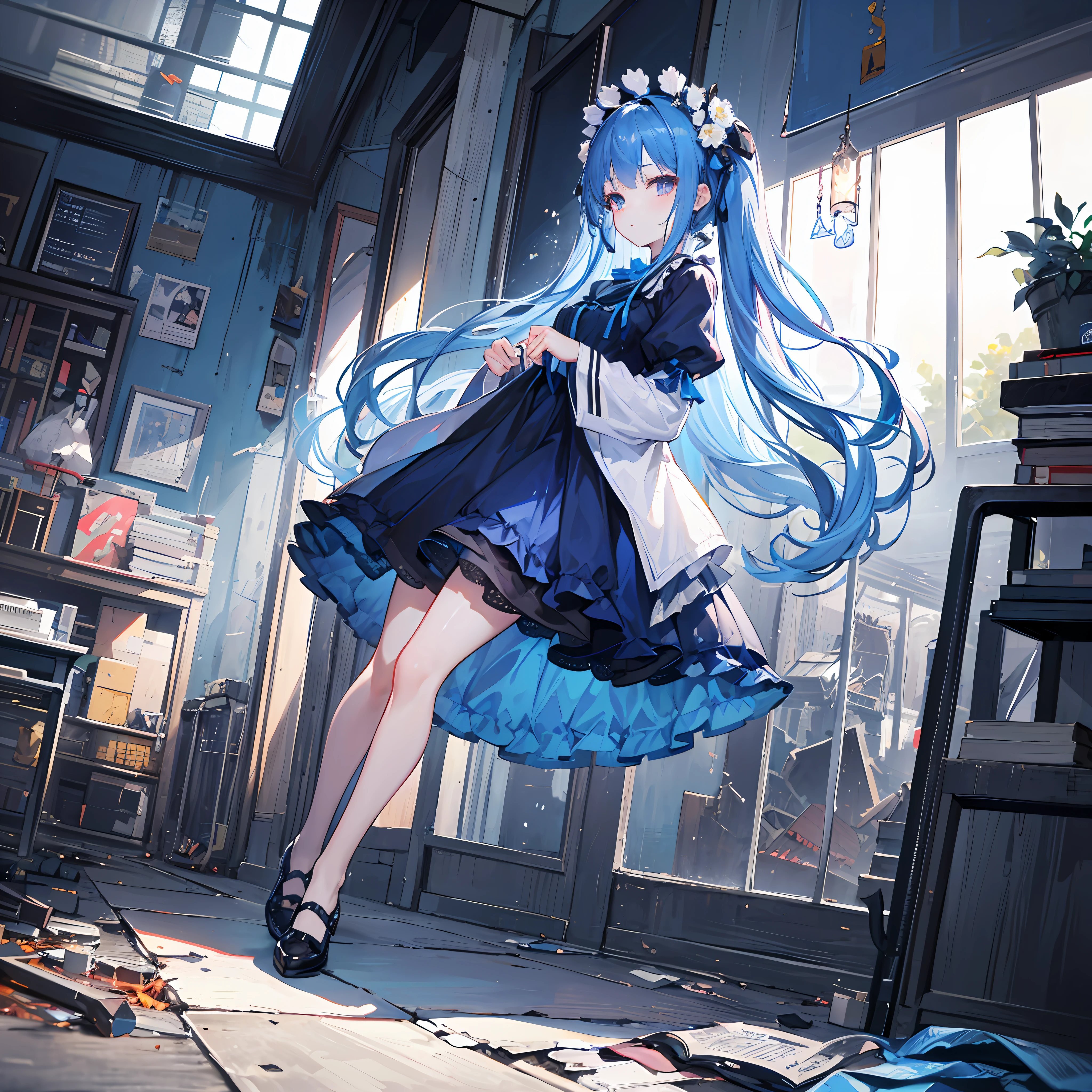 Masterpiece, best quality, (very detailed CG Unity 8k wallpaper) (best quality), (best illustration), (best shadow) (full body picture), blue hair little , gorgeous navy blue loliress, blue ponet with blue chrysanthemum headdress, blue silk thread surrounding, war in flames, broken buildings, monsters in the distance