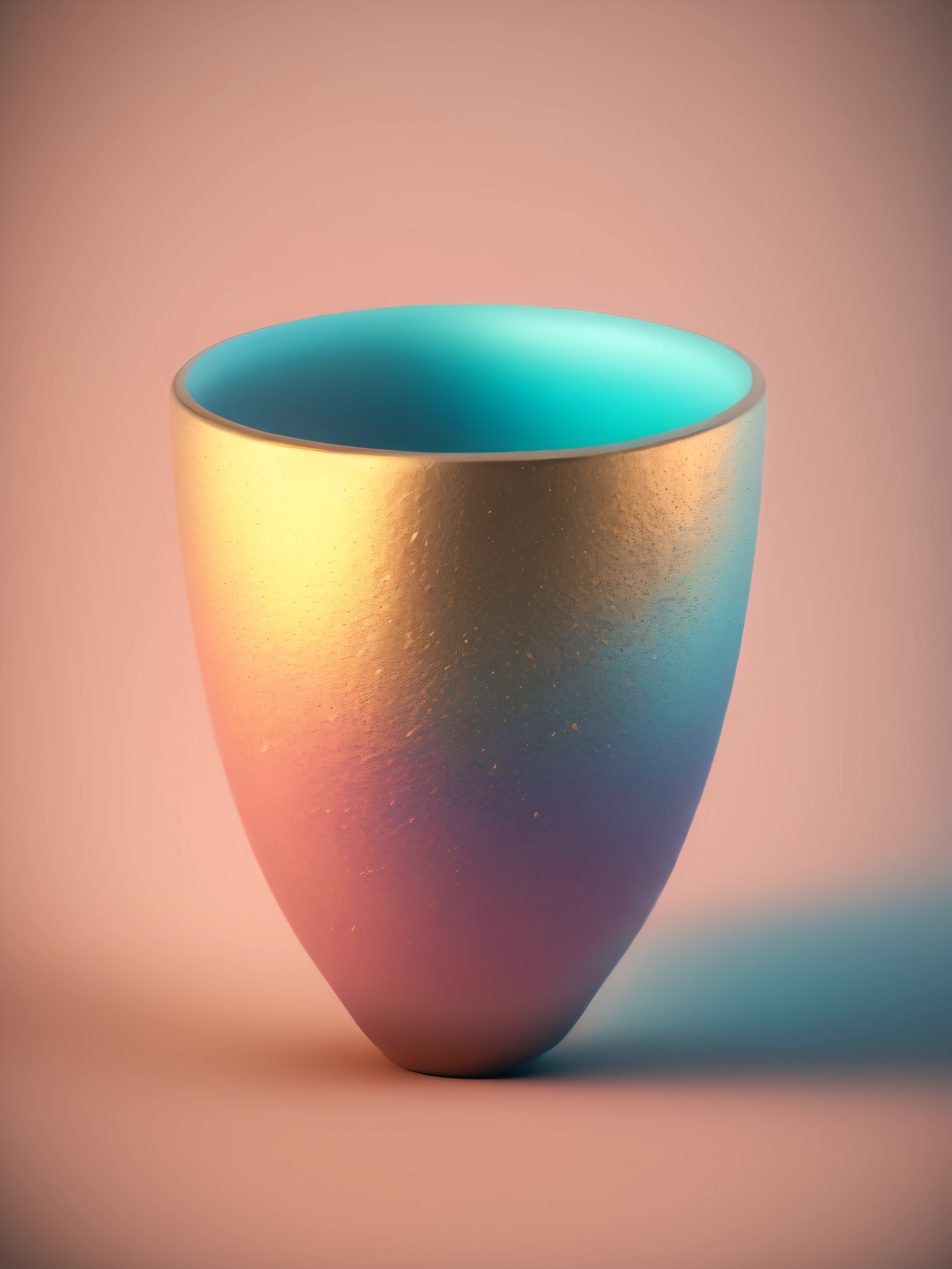 Art toy of a coffee cup, ultra light touch of gold, gradient from light blue to light pink background, melted, fluffy, natural lighting, studio lighting, ultra detailed, ultra realistic, octane render, unreal engine, 3D render, render blender 3d, trend in polycounting, physically based rendering, Eastman Kodak Color Negative film Portra 400 shot in Rolleiflex T,   Rolleinar 1, ISO 400, F/22, 8K, HD, 3D