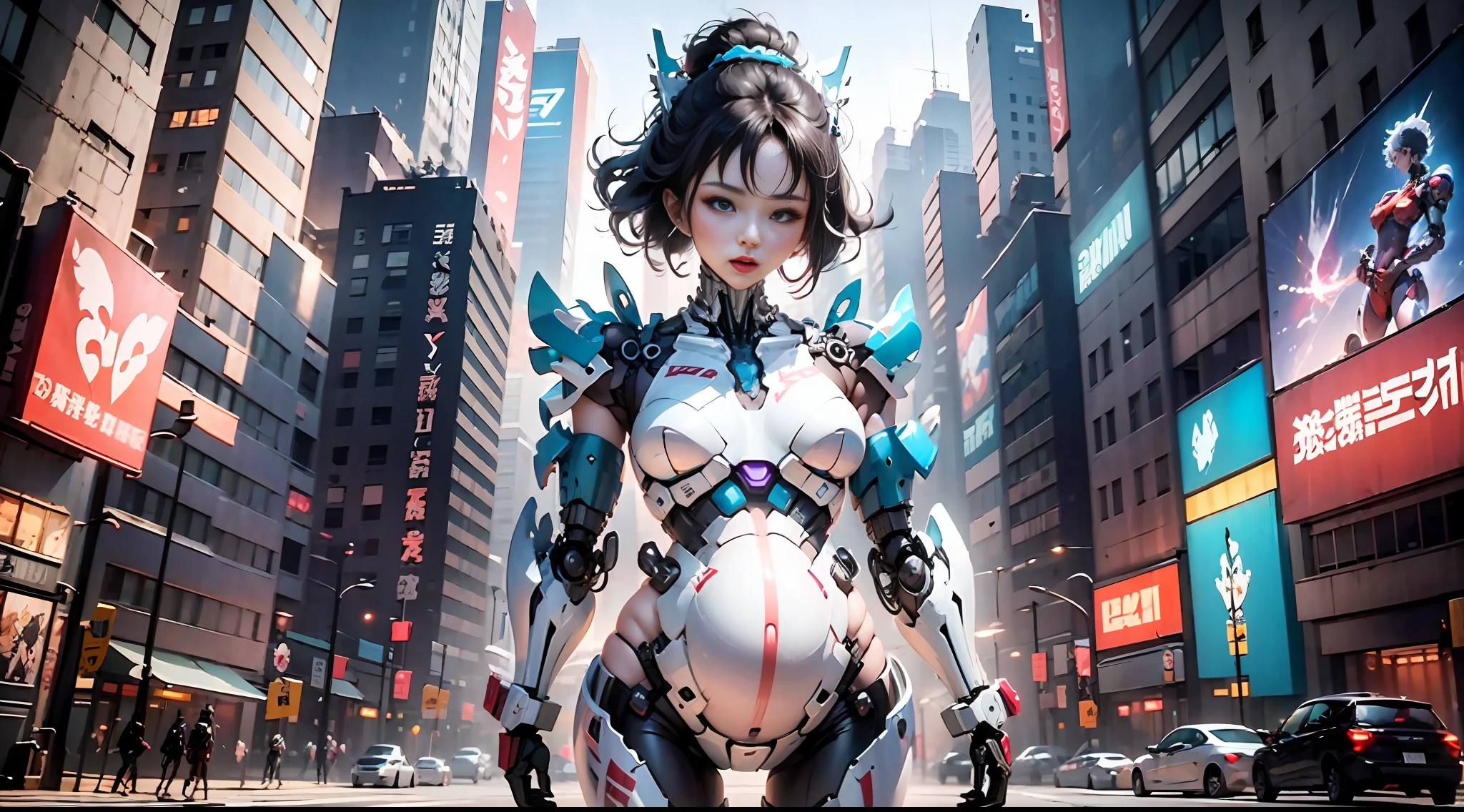 (Very detailed: 1.5) Futuristic mech girl on neon flashing sci-fi magazine cover, (Cyberpunk: 1.3) style, dressed in stylish combat suit with glowing accents, confidently posing as a giant robot in the background, (bold typography: 1.2), dynamic composition, bright colors, (Akira style: 1.1), (Hajime Sorayama inspiration: 1.2) pregnant, pregnant belly