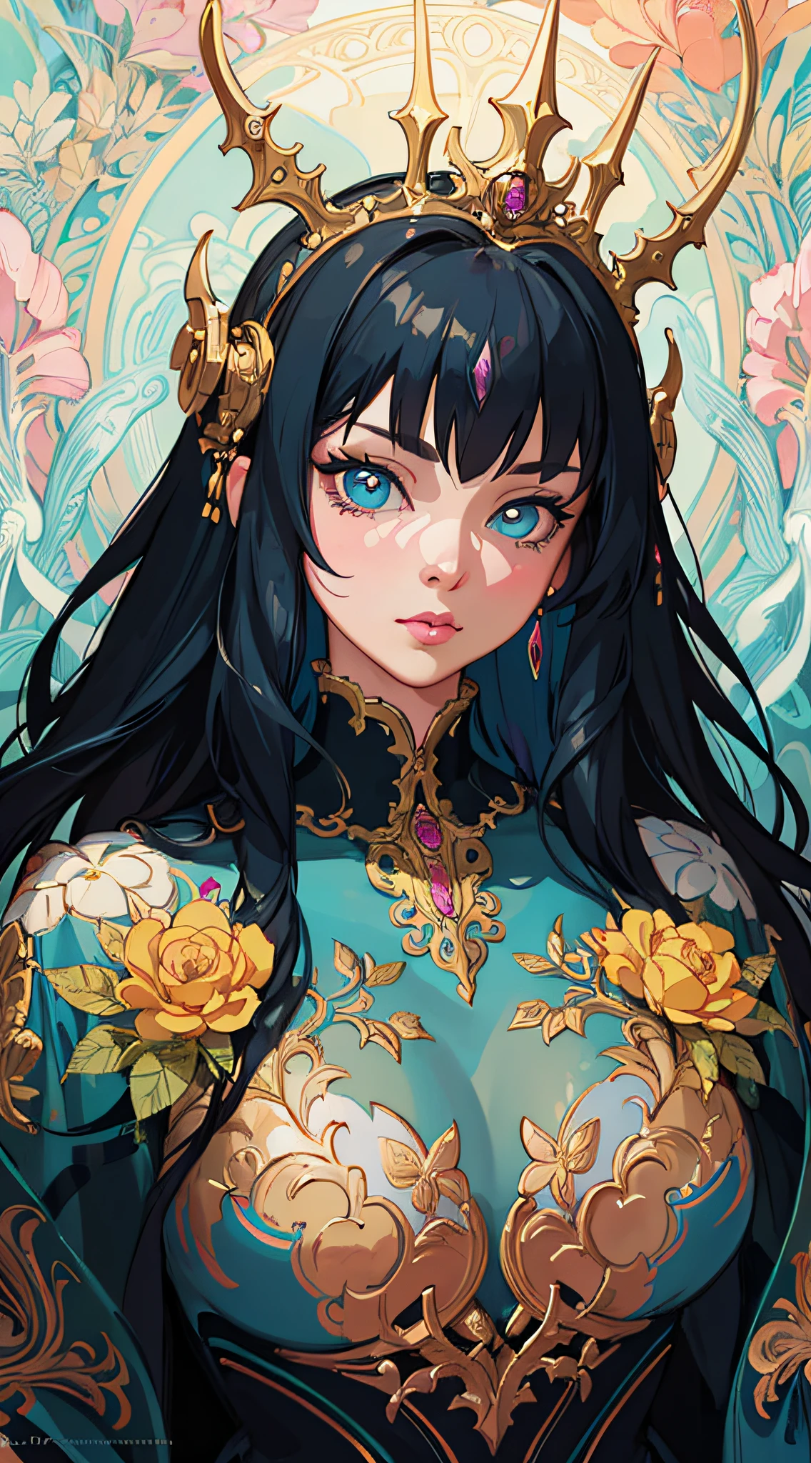 Symmetry, Finely Detailed Elaborate Ornate Forest Princess with Elaborately Detailed Colorful Eyes; by Lisa Frank, jeff koons, Orange and Pink, and Yellow and Teal, pretty face, intricate, elegant, highly detailed, digital painting, art station, concept art, smooth, sharp focus, illustration, art by art germ and greg rutkowski and alphonse mucha, 8k