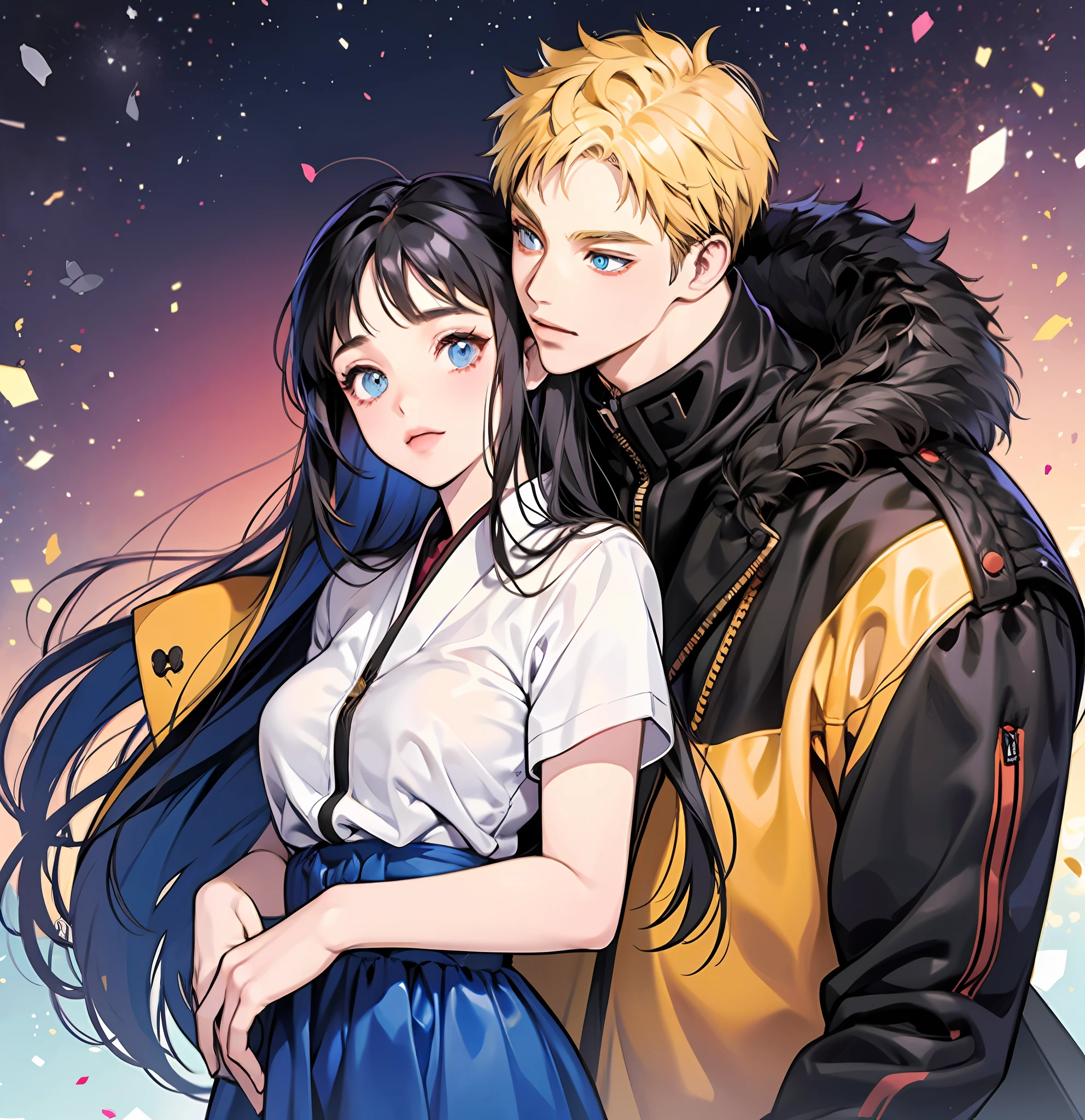 1 girl, 1 boy, hetero, blonde man, dark blue hair girl, naruhina, hug, masterpiece, couple, standing, royalti, nobility, naruto and hinata