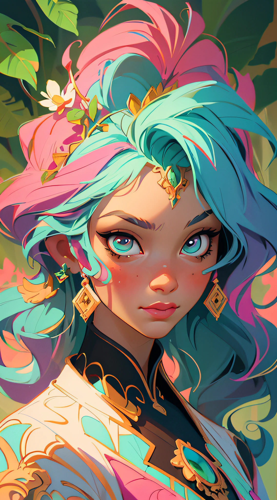 Symmetry, Finely Detailed Elaborate Ornate Forest Princess with Elaborately Detailed Colorful Eyes; by Lisa Frank, jeff koons, Orange and Pink, and Yellow and Teal, pretty face, intricate, elegant, highly detailed, digital painting, art station, concept art, smooth, sharp focus, illustration, art by art germ and greg rutkowski and alphonse mucha, 8k