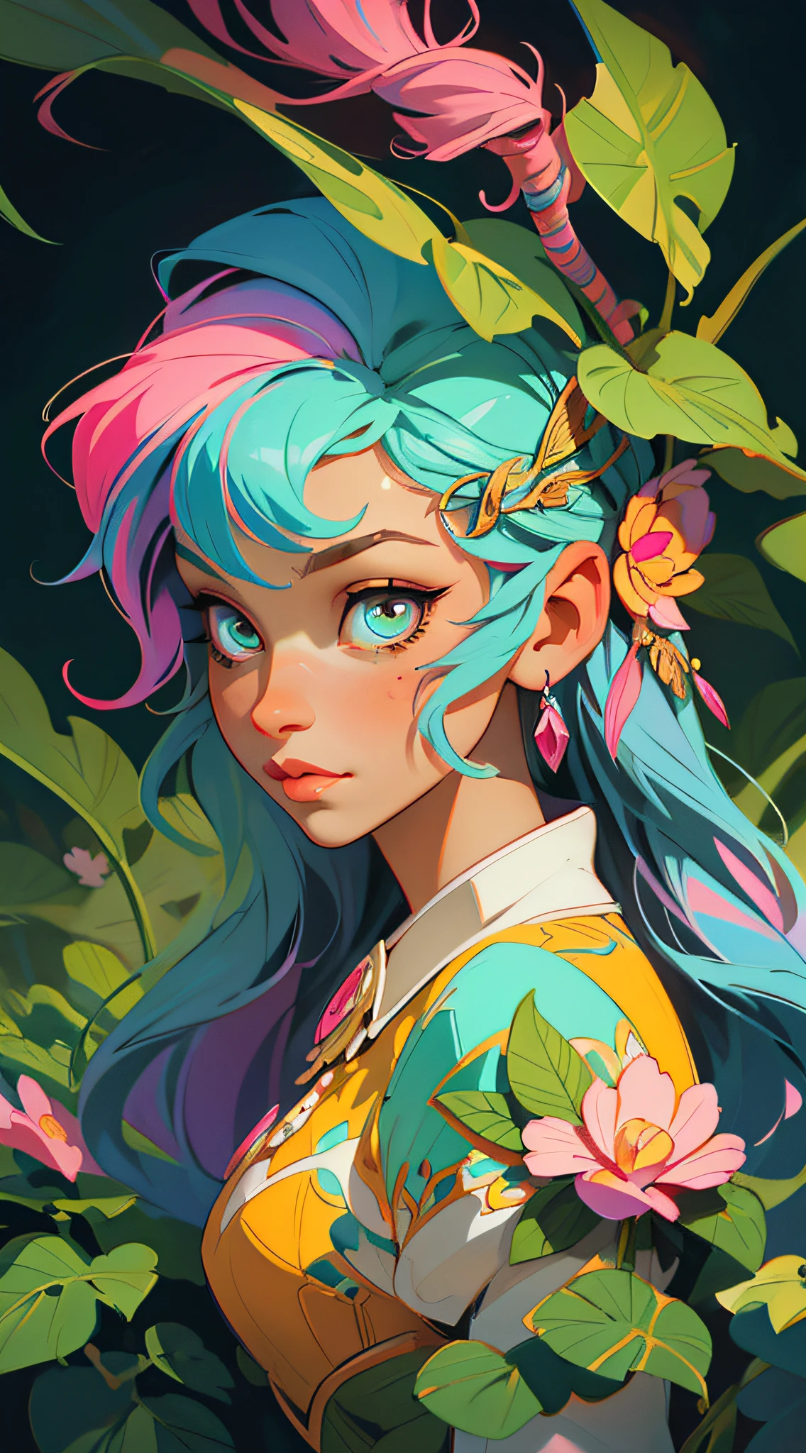 Symmetry, Finely Detailed Elaborate Ornate Forest Princess with Elaborately Detailed Colorful Eyes; by Lisa Frank, jeff koons, Orange and Pink, and Yellow and Teal, pretty face, intricate, elegant, highly detailed, digital painting, art station, concept art, smooth, sharp focus, illustration, art by art germ and greg rutkowski and alphonse mucha, 8k