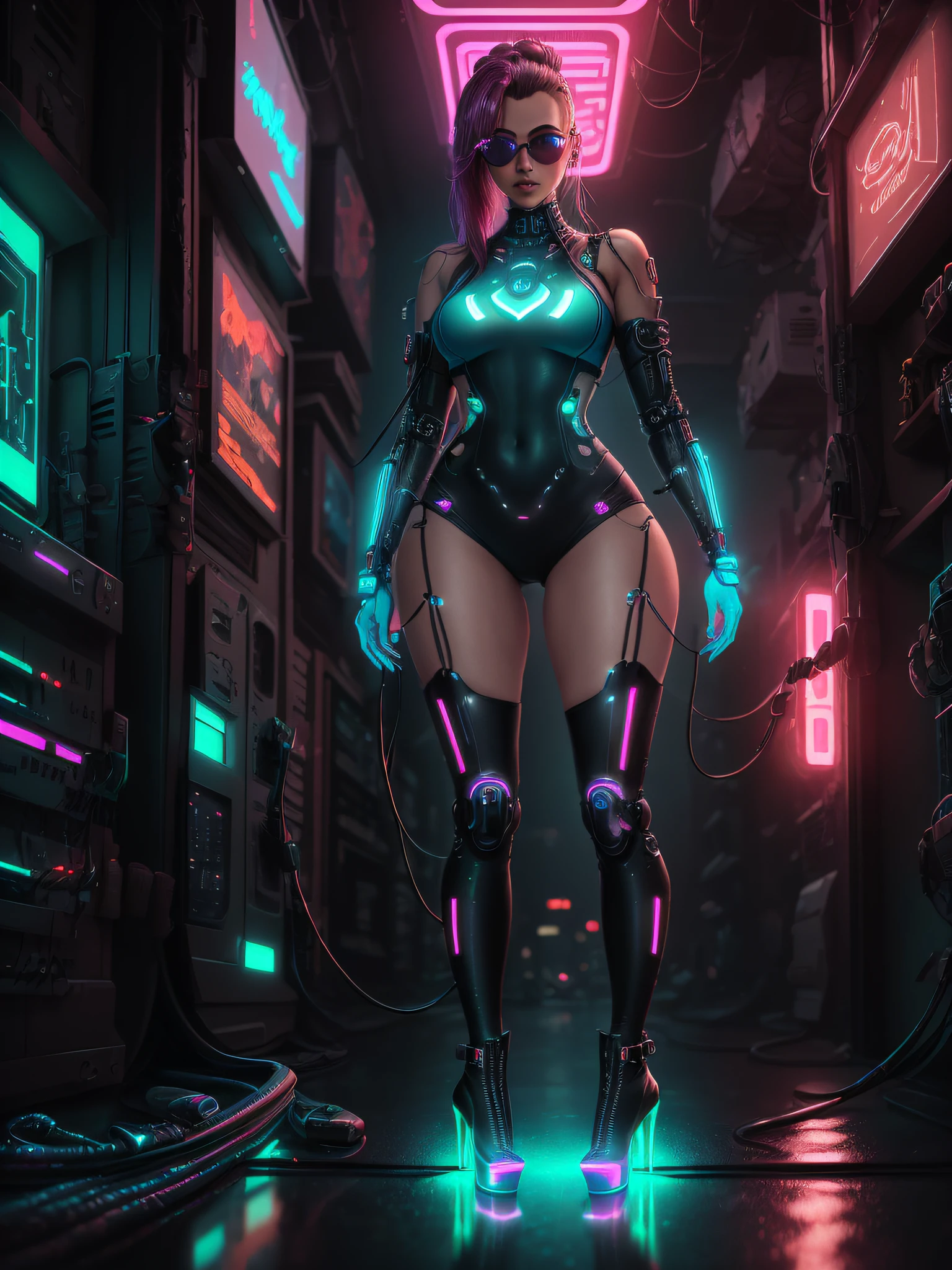 "(((A cyberpunk image of a pretty girl with cybernetic implants, with shades of wine and blue, highly detailed, realistic and cinematic. The image depicts the girl wearing body-tight clothing and stiletto-heeled boots. It is a full-body view, where reflections are visible in the character's eyes and luminous parts in the cybernetic areas of the body, as well as cables coming out of the body))))"
- Image Type: Digital Illustration
- Subject Description: A cyberpunk-style digital illustration depicting a pretty girl with cybernetic implants. The image is highly detailed, realistic and has a cinematic atmosphere. The girl is wearing body-tight clothes and stiletto-heeled boots. The image is a full-body view, where reflections are visible in the character's eyes and luminous parts in the cybernetic areas of the body, as well as cables coming out of the body.
- Art Styles: Cyberpunk, Realism, Film
- Dominant Colors: Wine, Babye
- Subject Details: Girl with cybernetic implants, tight clothes, stiletto heel boots, eye reflections, luminous parts on the body, cables sticking out of the body
- Rendering Techniques: Detailed Digital Illustration