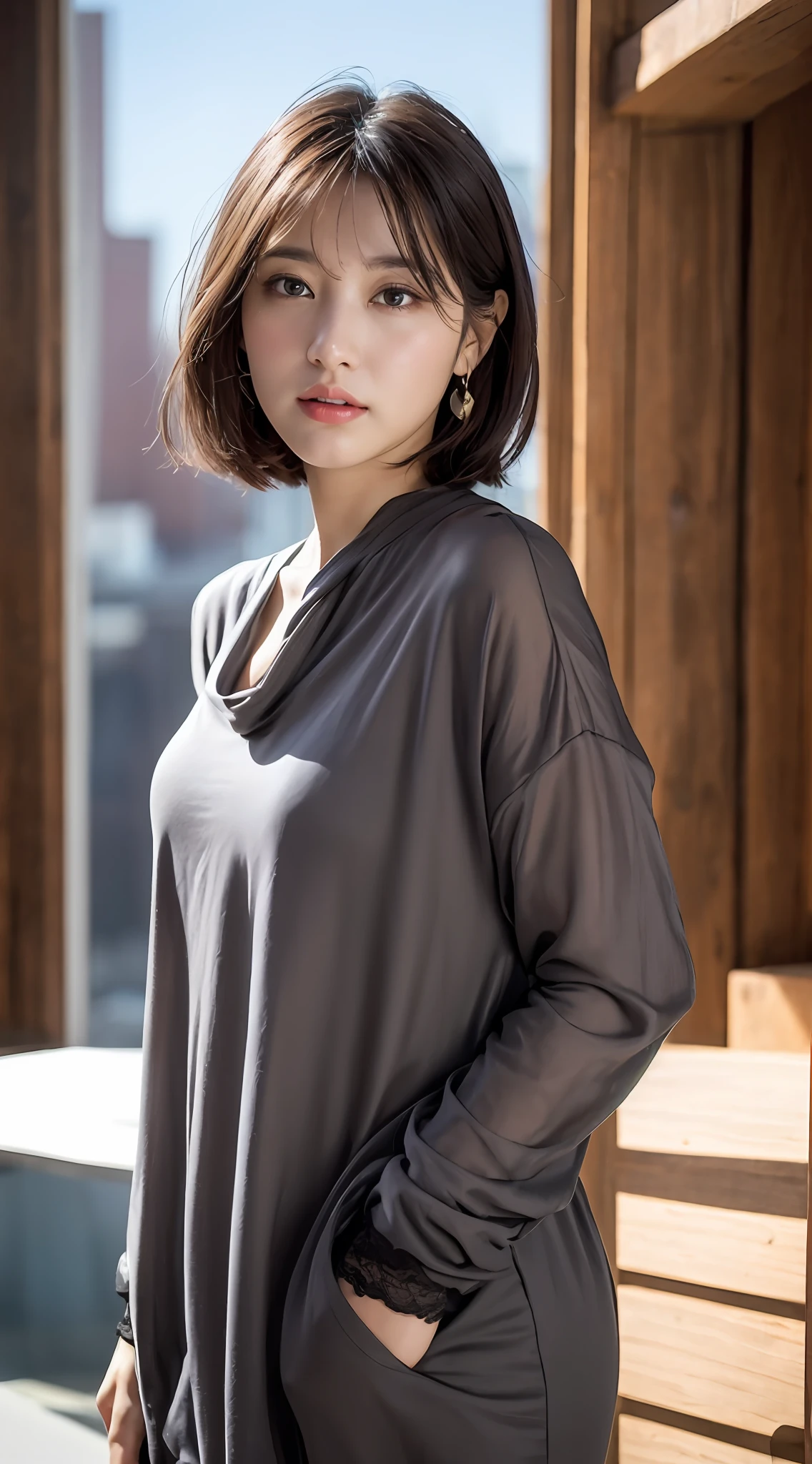 (8k, RAW photos, top quality, masterpiece: 1.2), ultra detailed, super resolution, (real, real photos: 1.37), portraits, high definition RAW color photos, professional photos, very detailed and beautiful, highly detailed, 8k wallpapers, amazing details, huge file size, official art, highly detailed CG Unity 8k wallpapers, highly detailed beautiful girls, highly detailed faces, Highly Detailed Eyes, Highly Detailed Skin, Highly Detailed Fingers, Very Detailed Nose, Highly Detailed Detailed Mouth, Perfect Anatomy, Detailed Background, Detailed Clothes, One Girl, (20:1.2), 20s, Cute Girl, Realistic Body, Petite, White Skin, Radiant Skin, Slim Body, Black Hair, Short Hair, (Blunt Bangs: 1.2), Cute, Youthful, Pretty Face, Realistic Face, Delicate Eyes, Sale Eyes, ( (Fashionable winter clothes)), ((Up)), (((Full body shot)), Earrings, Looking at the camera, Cowboy shot, Front-facing, Standing Posture, Contrapposto, Dynamic Lighting, C-Cup,