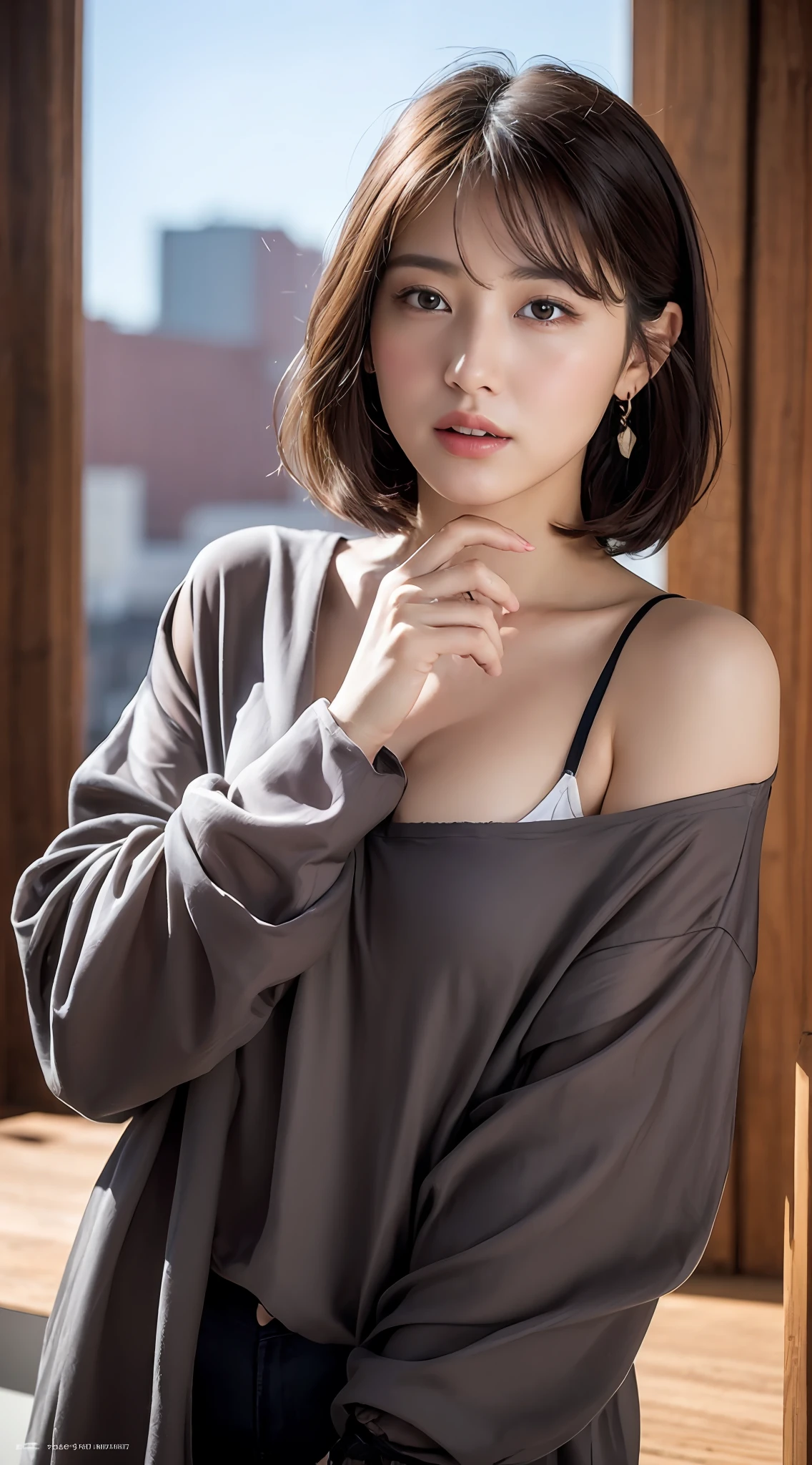 (8k, RAW photos, top quality, masterpiece: 1.2), ultra detailed, super resolution, (real, real photos: 1.37), portraits, high definition RAW color photos, professional photos, very detailed and beautiful, highly detailed, 8k wallpapers, amazing details, huge file size, official art, highly detailed CG Unity 8k wallpapers, highly detailed beautiful girls, highly detailed faces, Highly Detailed Eyes, Highly Detailed Skin, Highly Detailed Fingers, Very Detailed Nose, Highly Detailed Detailed Mouth, Perfect Anatomy, Detailed Background, Detailed Clothes, One Girl, (20:1.2), 20s, Cute Girl, Realistic Body, Petite, White Skin, Radiant Skin, Slim Body, Black Hair, Short Hair, (Blunt Bangs: 1.2), Cute, Youthful, Pretty Face, Realistic Face, Delicate Eyes, Sale Eyes, ( (Fashionable winter clothes)), ((Up)), (((Full body shot)), Earrings, Looking at the camera, Cowboy shot, Front-facing, Standing Posture, Contrapposto, Dynamic Lighting, C-Cup,