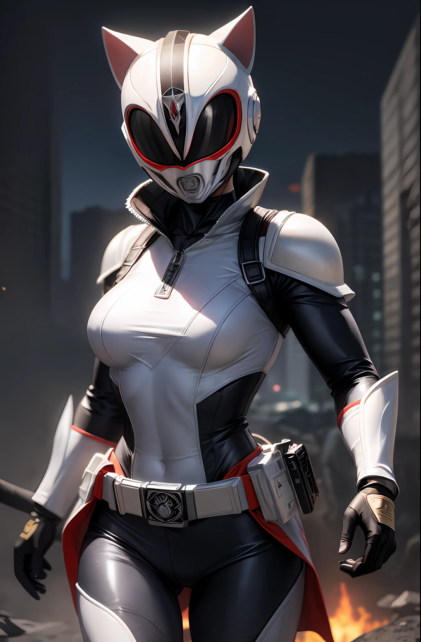 masterpiece,best quality, masterpiece, high detail,hip lines,ambient occlusion,crisp image,detailed,amazing,8k,8k wallpaper,8k background,high res, (illustration),(comic style),((cowboy shot)),(running),(battlefield background) ((solo)), (white power ranger), armor,helmet,bodysuit,belt,gloves,mask,boots, 1girl, power ranger, woman, medium breasts, cat ears, full white color