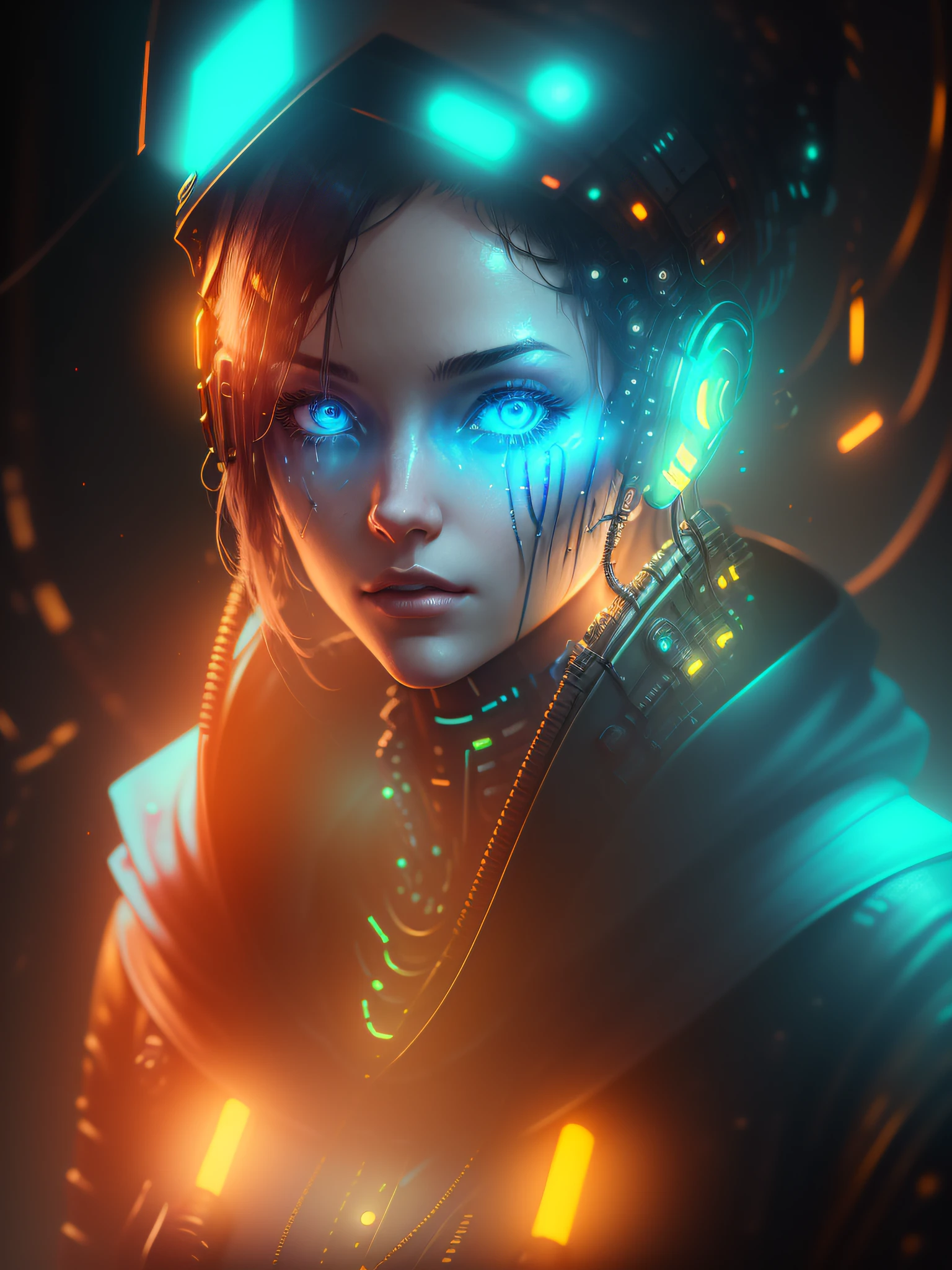 "(((A cyberpunk image of a pretty girl with cybernetic implants, with shades of wine and baby blue, highly detailed, realistic and cinematic. The image should depict reflections in the character's eyes and luminous parts in the cybernetic parts of the body. Cables should also be visible coming out of the body)))" - Image Type: Digital Illustration - Subject Description: A cyberpunk-style digital illustration depicting a pretty girl with cybernetic implants. The image is highly detailed, realistic and has a cinematic atmosphere. The predominant shades are wine and baby blue. The illustration should emphasize reflections in the character's eyes and luminous parts in the cybernetic areas of the body. The presence of cables coming out of the body should also be visible. - Art Styles: Cyberpunk, Realism, Cinematic - Dominant Colors: Wine, Baby Blue - Subject Details: Girl with cybernetic implants, reflections in the eyes, luminous parts on the body, cables coming out of the body - Rendering Techniques: Detailed Digital Illustration