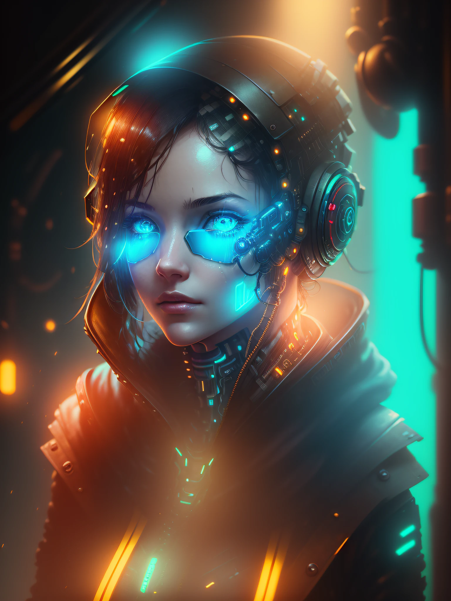 "(((A cyberpunk image of a pretty girl with cybernetic implants, with shades of wine and baby blue, highly detailed, realistic and cinematic. The image should depict reflections in the character's eyes and luminous parts in the cybernetic parts of the body. Cables should also be visible coming out of the body)))" - Image Type: Digital Illustration - Subject Description: A cyberpunk-style digital illustration depicting a pretty girl with cybernetic implants. The image is highly detailed, realistic and has a cinematic atmosphere. The predominant shades are wine and baby blue. The illustration should emphasize reflections in the character's eyes and luminous parts in the cybernetic areas of the body. The presence of cables coming out of the body should also be visible. - Art Styles: Cyberpunk, Realism, Cinematic - Dominant Colors: Wine, Baby Blue - Subject Details: Girl with cybernetic implants, reflections in the eyes, luminous parts on the body, cables coming out of the body - Rendering Techniques: Detailed Digital Illustration