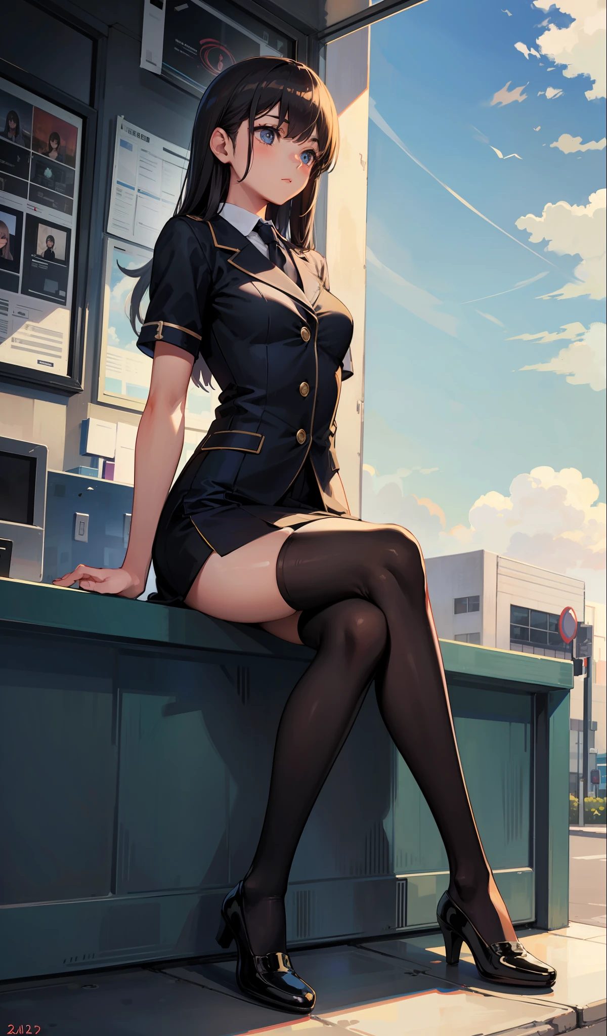 Best quality, full body portrait, delicate face, pretty face, 25 year old woman, slim figure, small bust, OL uniform, office clothes, black stockings, outdoor scene, sitting position