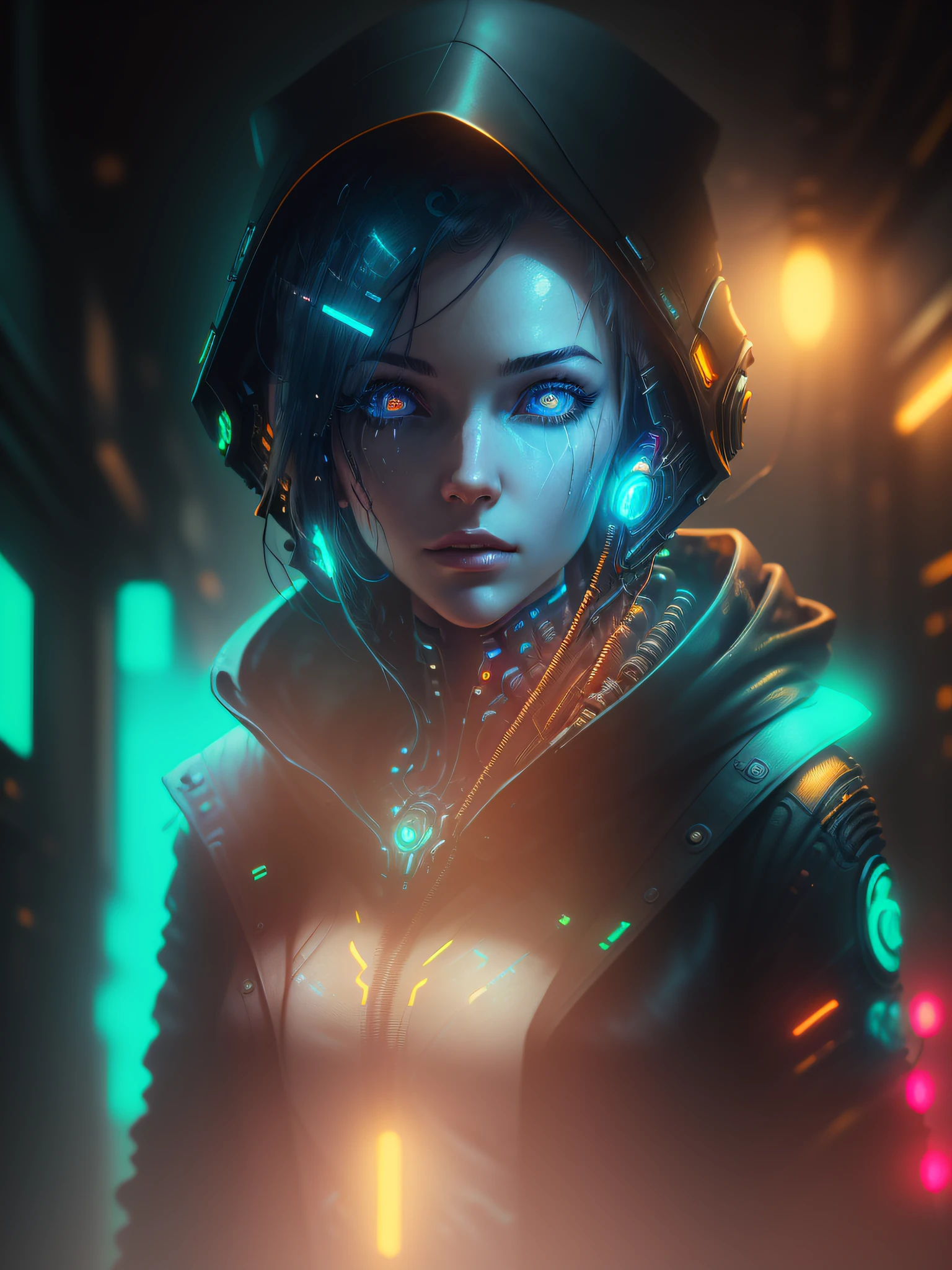 "(((A cyberpunk image of a pretty girl with cybernetic implants, with shades of wine and  blue, highly detailed, realistic and cinematic. The image should depict reflections in the character's eyes and luminous parts in the cybernetic parts of the body. Cables should also be visible coming out of the body)))" - Image Type: Digital Illustration - Subject Description: A cyberpunk-style digital illustration depicting a pretty girl with cybernetic implants. The image is highly detailed, realistic and has a cinematic atmosphere. The predominant shades are wine and baby blue. The illustration should emphasize reflections in the character's eyes and luminous parts in the cybernetic areas of the body. The presence of cables coming out of the body should also be visible. - Art Styles: Cyberpunk, Realism, Cinematic - Dominant Colors: Wine, Baby Blue - Subject Details: Girl with cybernetic implants, reflections in the eyes, luminous parts on the body, cables coming out of the body - Rendering Techniques: Detailed Digital Illustration