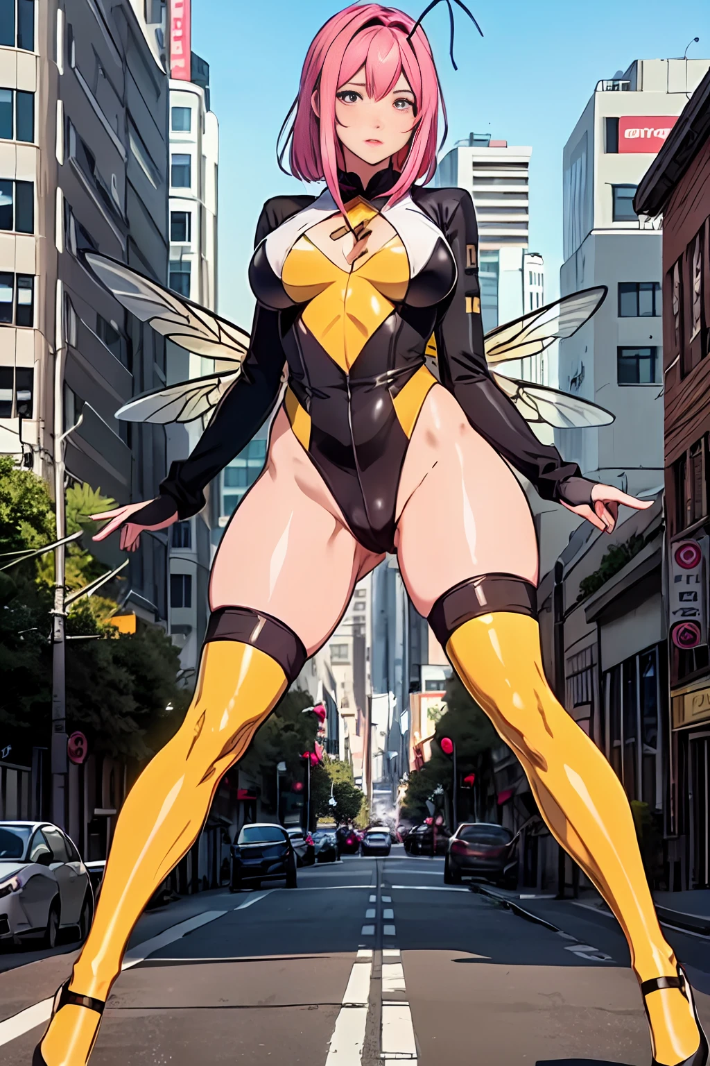 1girl, (huge chest), long legs, thick legs, bee superhero theme, (bodysuit) bee wings, sting, yellow, cyand, brown, dark gray, pink, short pink hair with insect antennae, bee makeup face, cameltoe, sleeve, sparks, shiny particles, bees, honey spilled on chest, (((city))), third ruler, full body, bright colors, big ass