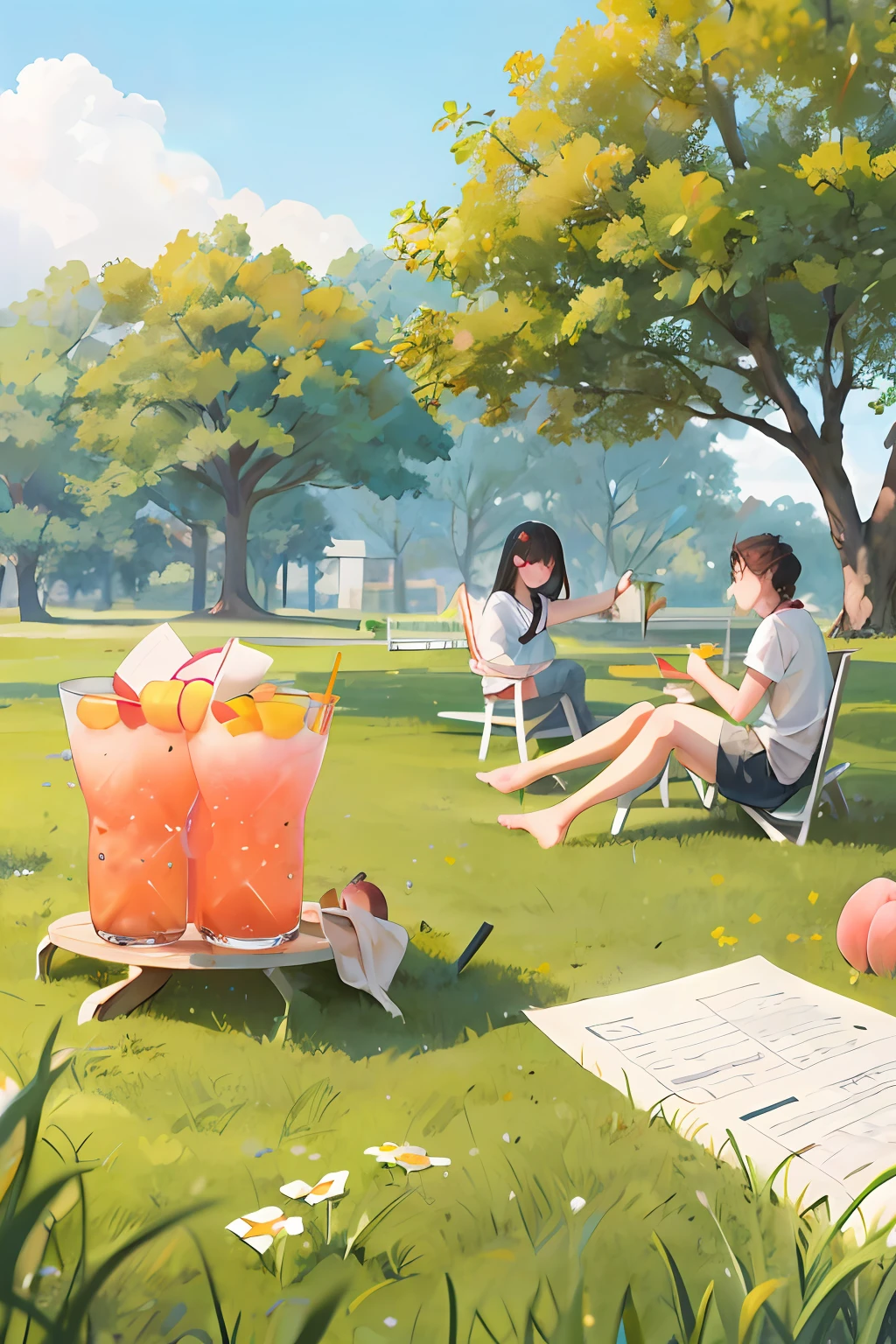 In summer, a group of people drink peach drinks on the grass, and the grass is scattered with 100-point test papers, and the characters' facial features are clearly distinguished