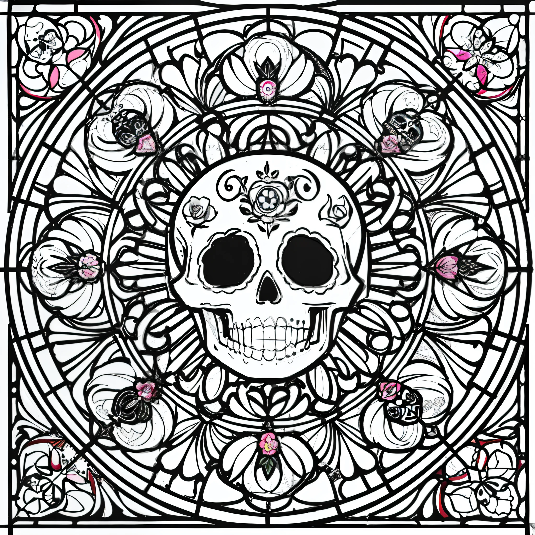 Masterpiece, best quality, (detailed background), high contrast, decorated sugar skull, flower background, thick and clean line drawings, stained glass type, vector