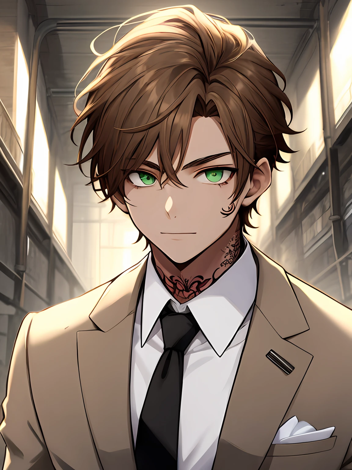 A young man with a tattoo on his neck, light brown hair, green eyes, feminine facial features, wearing a suit and tie, holding a glaive