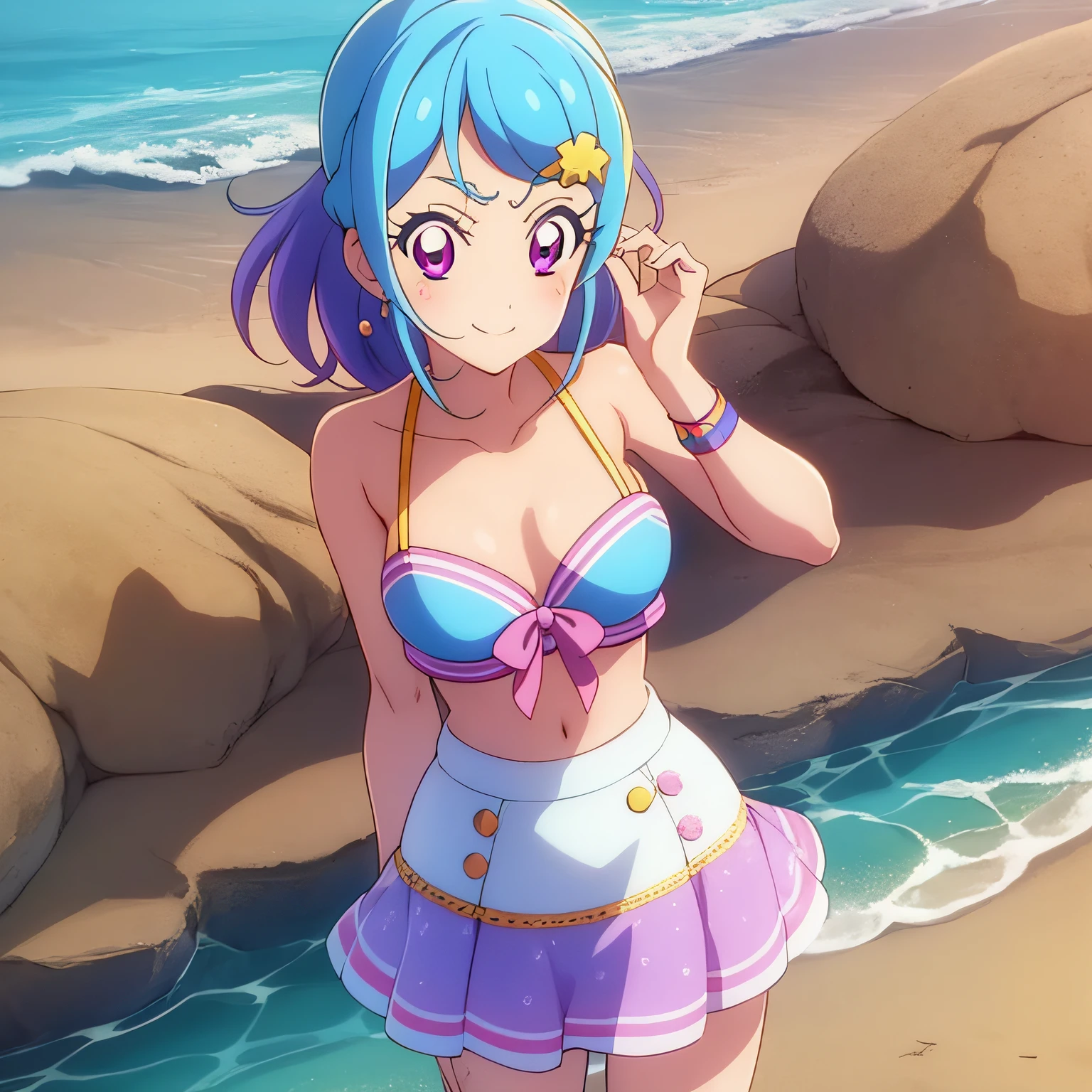 Mio Minato, Aikatsu, Sky Blue Hair, Aikatsumio, Nude, Micro Bikini, Beach, Embarrassed Face, Shame, Smile,