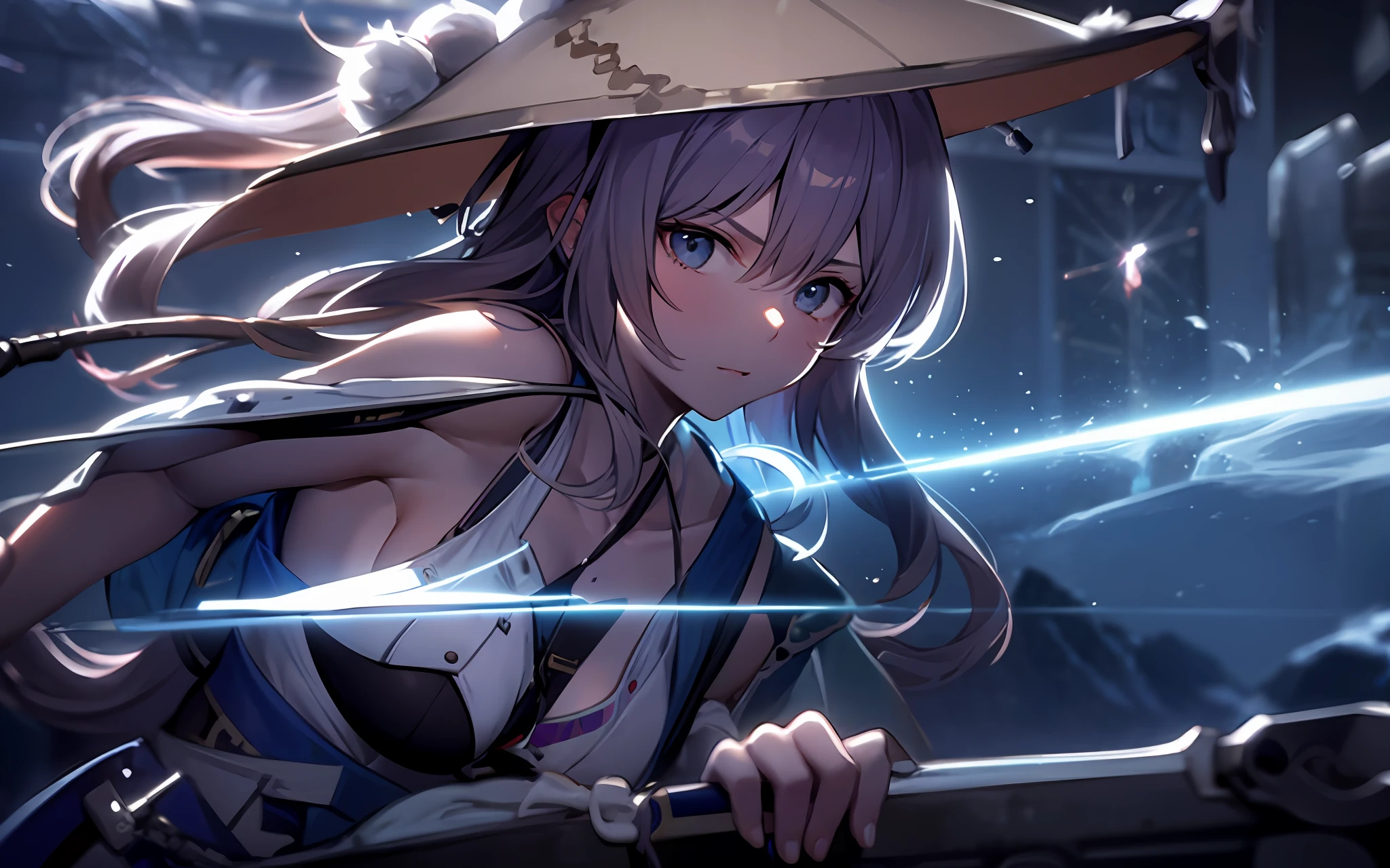 Gaze eyes, resolute eyes, a swordsman leaning over to collect a knife, has a big hat, movie shot fight, opening, smoke, scene special effects, background in the ice field, ice and snow special effects, scene smoke, anatomical conformity, clear fingers