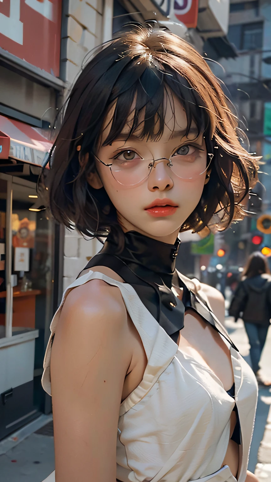 Beautiful woman detailed defined body wearing vantablack color clothing, small breasts, bangs, (orange hair: 2.6 ), (bob cut: 1.5), glasses, (RAW photo, realism: 1.8),