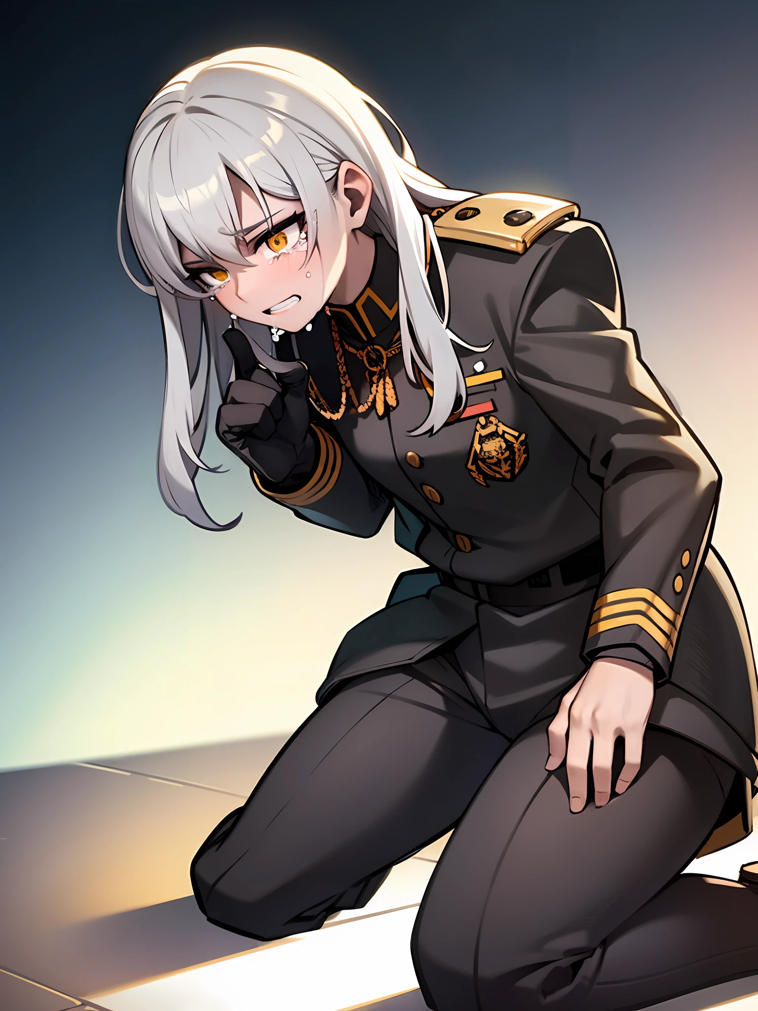 Gray military uniform, kneeling, crying, fighting